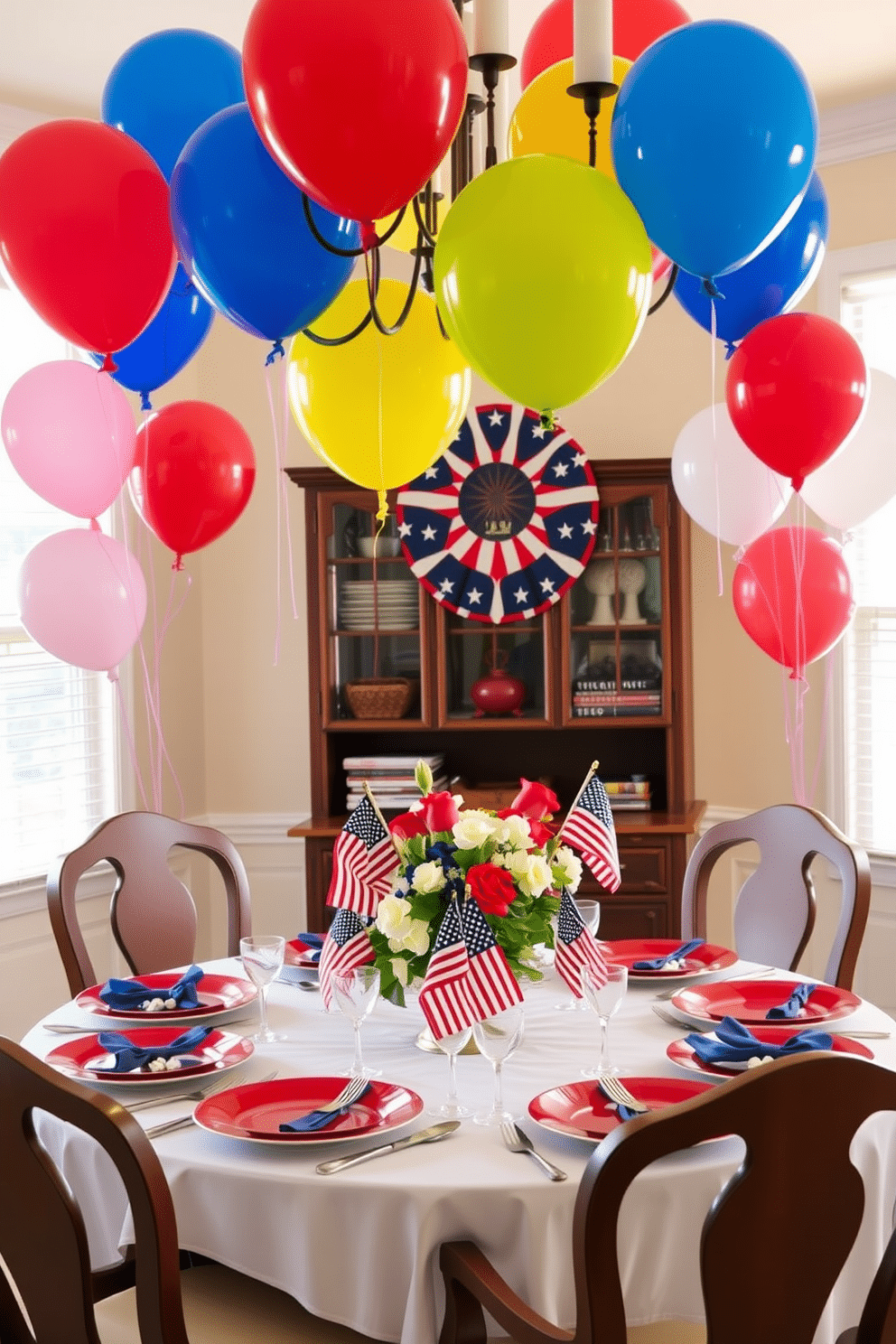 A festive dining room setting adorned with colorful balloons in patriotic hues. The table is set with red white and blue tableware featuring a centerpiece of fresh flowers and small American flags.