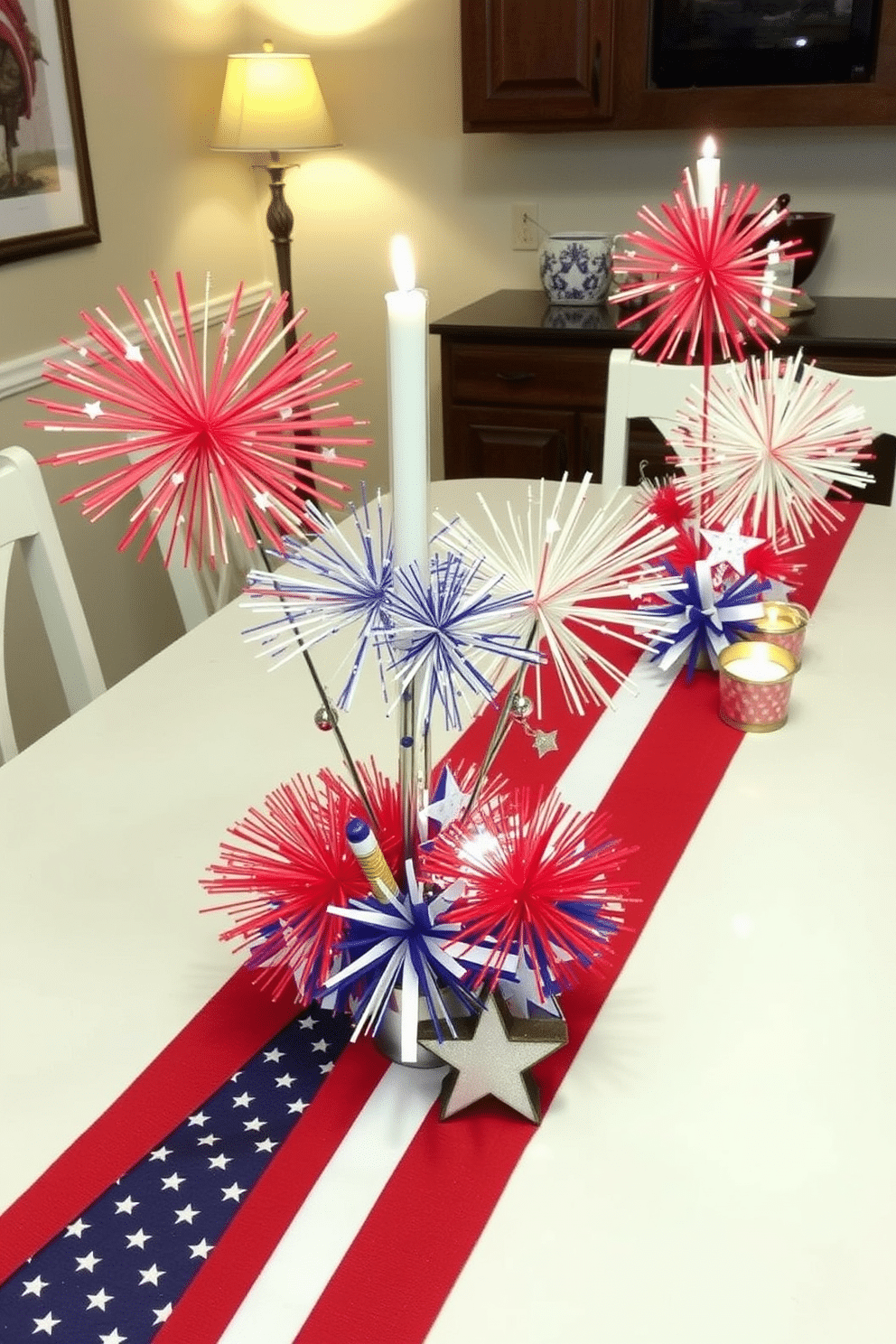 Tabletop fireworks decorations create a festive atmosphere for Independence Day celebrations. Brightly colored fireworks replicas made from paper and sparkly materials are arranged in clusters on the dining table. Red white and blue table runners complement the fireworks theme while adding a patriotic touch. Candles in star-shaped holders provide soft lighting and enhance the celebratory ambiance.