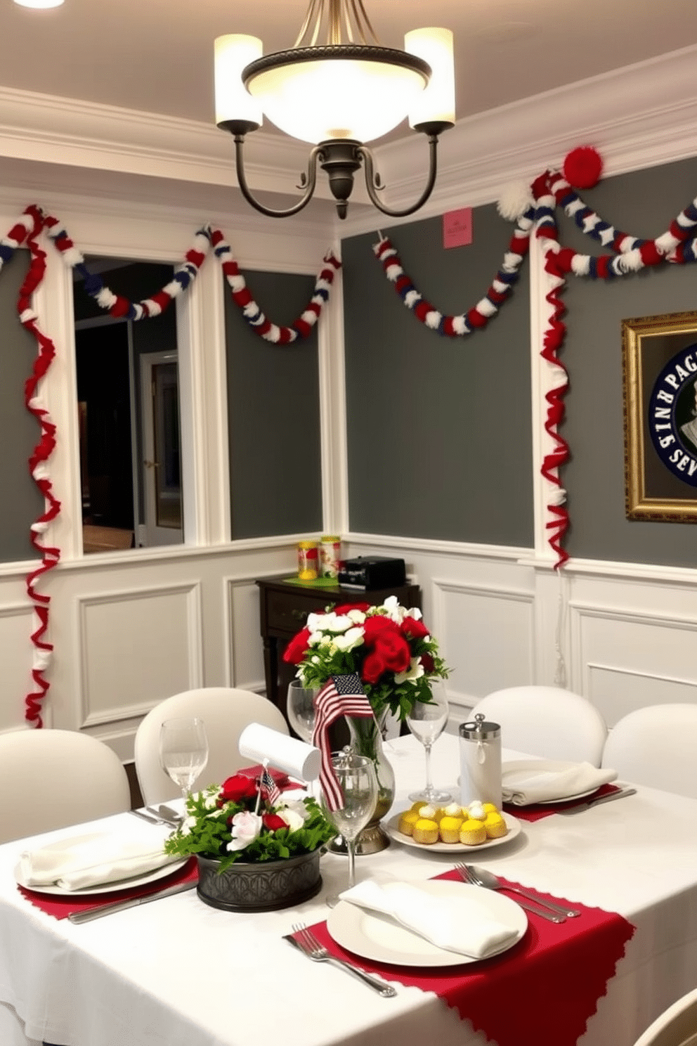 A festive dining room setting adorned with bunting garlands draped elegantly along the walls. The bunting features red white and blue colors celebrating Independence Day creating a cheerful and patriotic atmosphere.