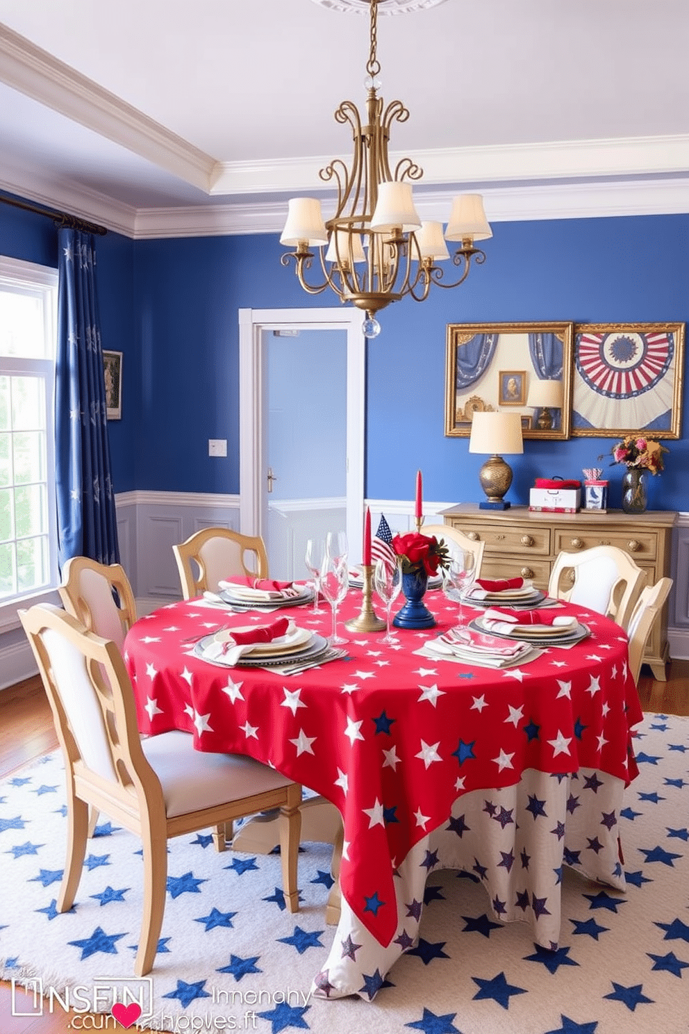 A vibrant dining room adorned with a star patterned tablecloth that adds a festive flair. The table is set with elegant dinnerware and red, white, and blue accents, creating a patriotic ambiance for Independence Day celebrations.