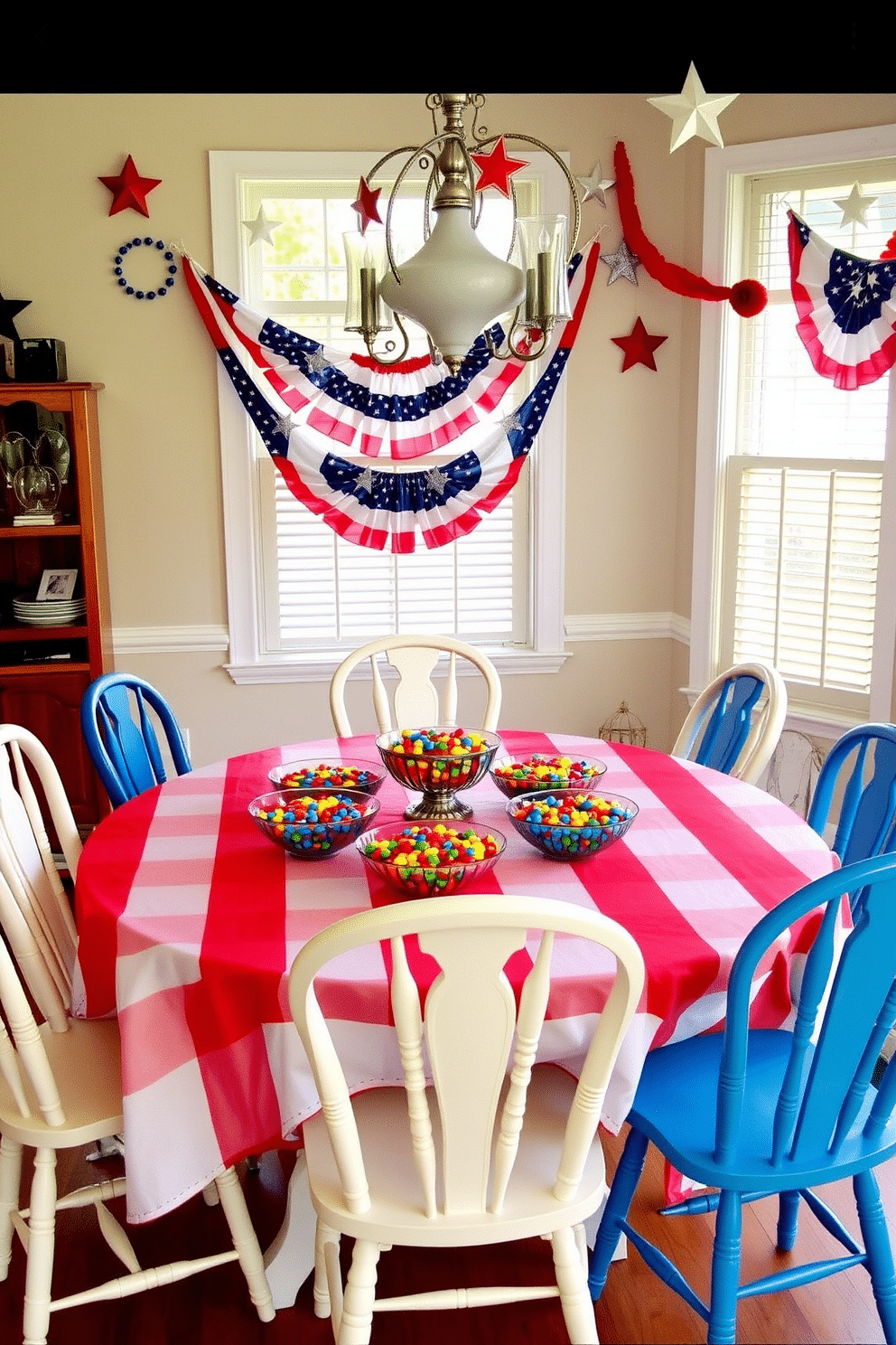 A vibrant dining room setting for Independence Day. The table is adorned with a red and white tablecloth, and decorative bowls filled with colored candies are placed at the center. Around the table, mismatched chairs in blue and white create a festive atmosphere. Patriotic banners and star-shaped decorations hang from the walls, enhancing the celebratory mood.