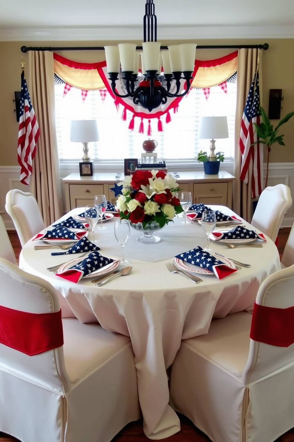 Themed table settings with matching chairs. The table is elegantly set with a crisp white tablecloth, adorned with red, white, and blue accents, including star-patterned napkins and a centerpiece of fresh flowers in patriotic colors. Independence Day Dining Room Decorating Ideas. The walls are decorated with bunting and flags, while the dining chairs are upholstered in a coordinating fabric that complements the festive theme.