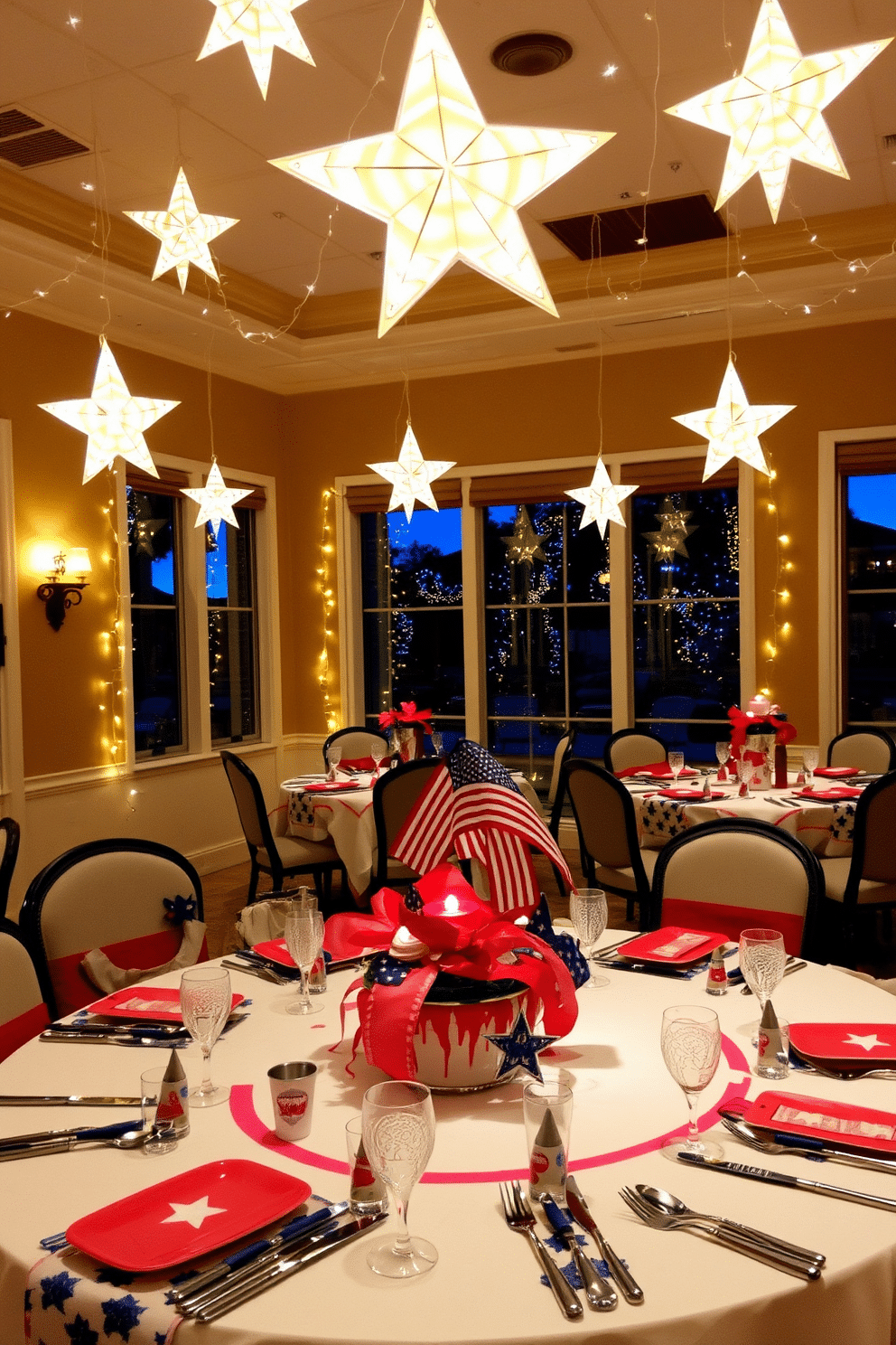 Lighted stars create a magical evening ambiance, illuminating the dining room with a warm glow. The stars are suspended from the ceiling, casting soft shadows on the walls and enhancing the festive atmosphere. For Independence Day, the dining room is adorned with red, white, and blue decorations. A patriotic table setting features star-patterned tablecloths, themed centerpieces, and festive place settings that celebrate the holiday spirit.