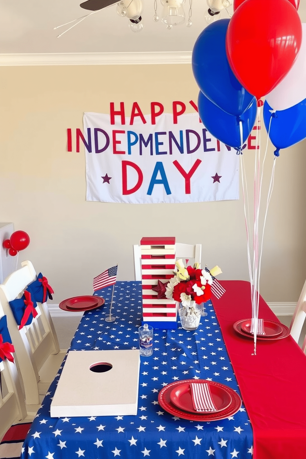 Independence Day themed table games. The table is adorned with red white and blue tablecloths featuring stars and stripes patterns. Colorful plates and napkins are set for guests alongside small American flags as centerpieces. A festive game setup includes cornhole boards and a giant Jenga tower painted in patriotic colors. Independence Day Dining Room Decorating Ideas. The dining room is decorated with a large banner that reads Happy Independence Day in bold letters. Red white and blue balloons are tied to the chairs while a centerpiece of fresh flowers in patriotic colors sits on the table.