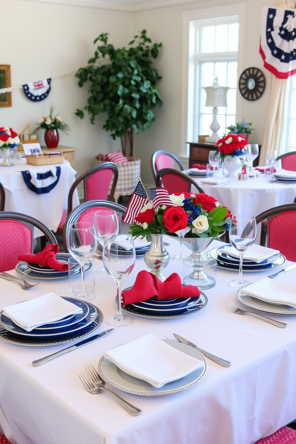 Layered table settings featuring a crisp white tablecloth as the base. Elegant dinnerware in shades of blue and red are artfully arranged with vintage silver flatware and delicate glassware. For Independence Day, the dining room is adorned with patriotic decor. Red, white, and blue accents are incorporated through themed centerpieces and festive bunting draped along the walls.