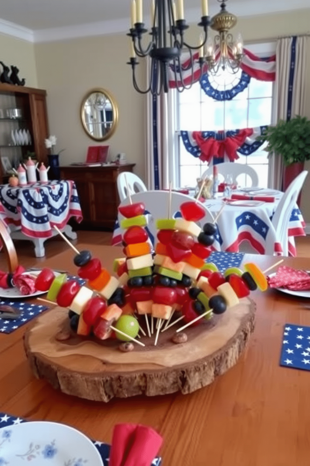 Colorful fruit skewers arranged artfully on a rustic wooden platter. The vibrant colors of the fruits create a lively centerpiece for the dining table. Independence Day dining room decorated with red, white, and blue accents. Festive table settings include star-patterned tablecloths and themed napkins, enhancing the celebratory atmosphere.