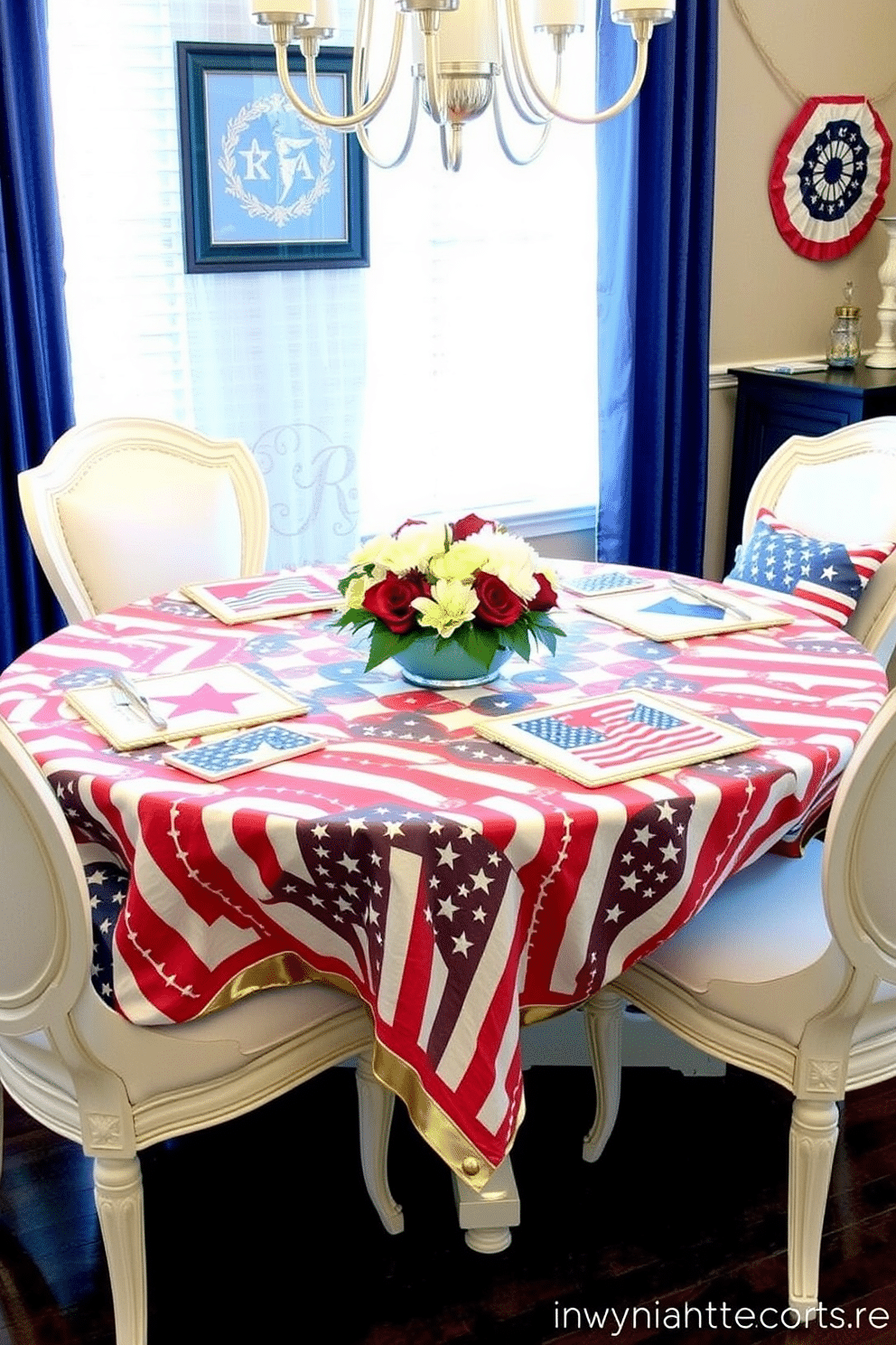 Themed coasters with patriotic designs. Each coaster features iconic symbols such as stars and stripes in red white and blue colors. Independence Day Dining Room Decorating Ideas. The table is adorned with a vibrant tablecloth featuring a flag pattern and surrounded by elegant chairs with coordinating cushions.