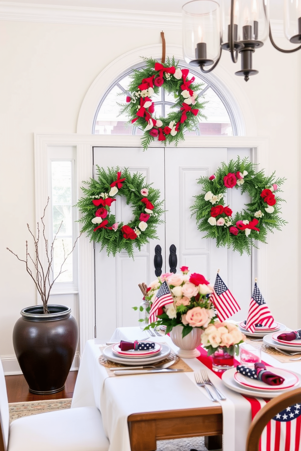 A stunning entryway adorned with seasonal wreaths. The wreaths are made of vibrant flowers and greenery, perfectly framing the door and creating a warm welcome. A festive dining room set for Independence Day celebrations. The table is elegantly decorated with red, white, and blue tableware, complemented by small American flags and a centerpiece of fresh flowers.