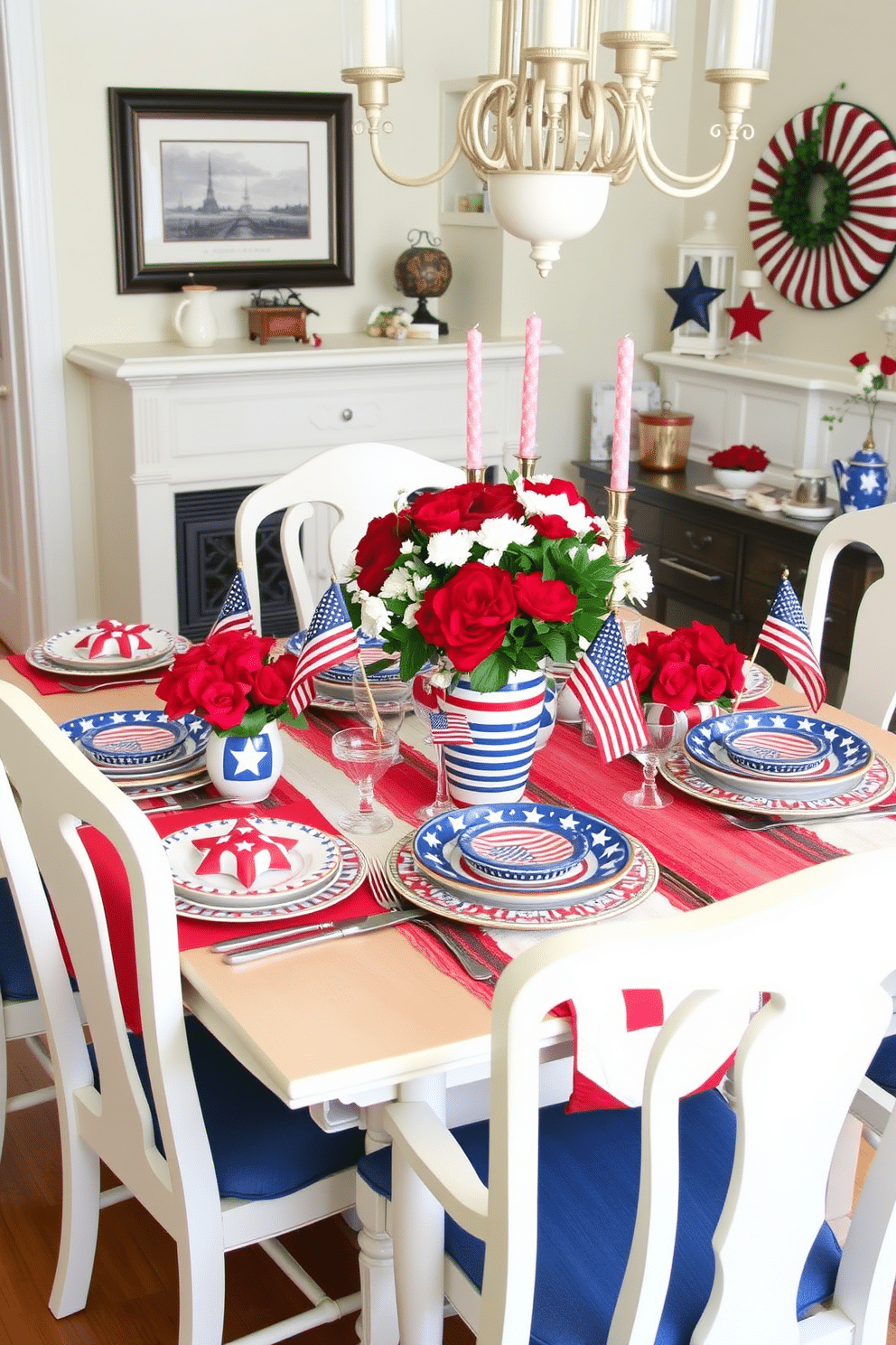 A dining room set for Independence Day featuring patriotic dishware adorned with stars and stripes. The table is elegantly laid with red white and blue table linens and centerpieces of fresh flowers in vibrant colors. Surrounding the table are white chairs with blue cushions that complement the dishware. Festive decorations such as small American flags and themed candles enhance the celebratory atmosphere.