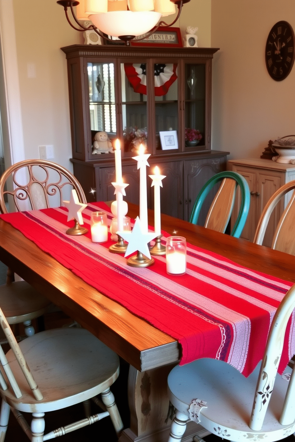 Star shaped candles are arranged elegantly on a rustic wooden dining table. The flickering candlelight creates a warm and inviting atmosphere for an Independence Day gathering. The table is adorned with a vibrant red, white, and blue table runner that complements the festive theme. Surrounding the table are mismatched vintage chairs, adding charm and character to the dining room.