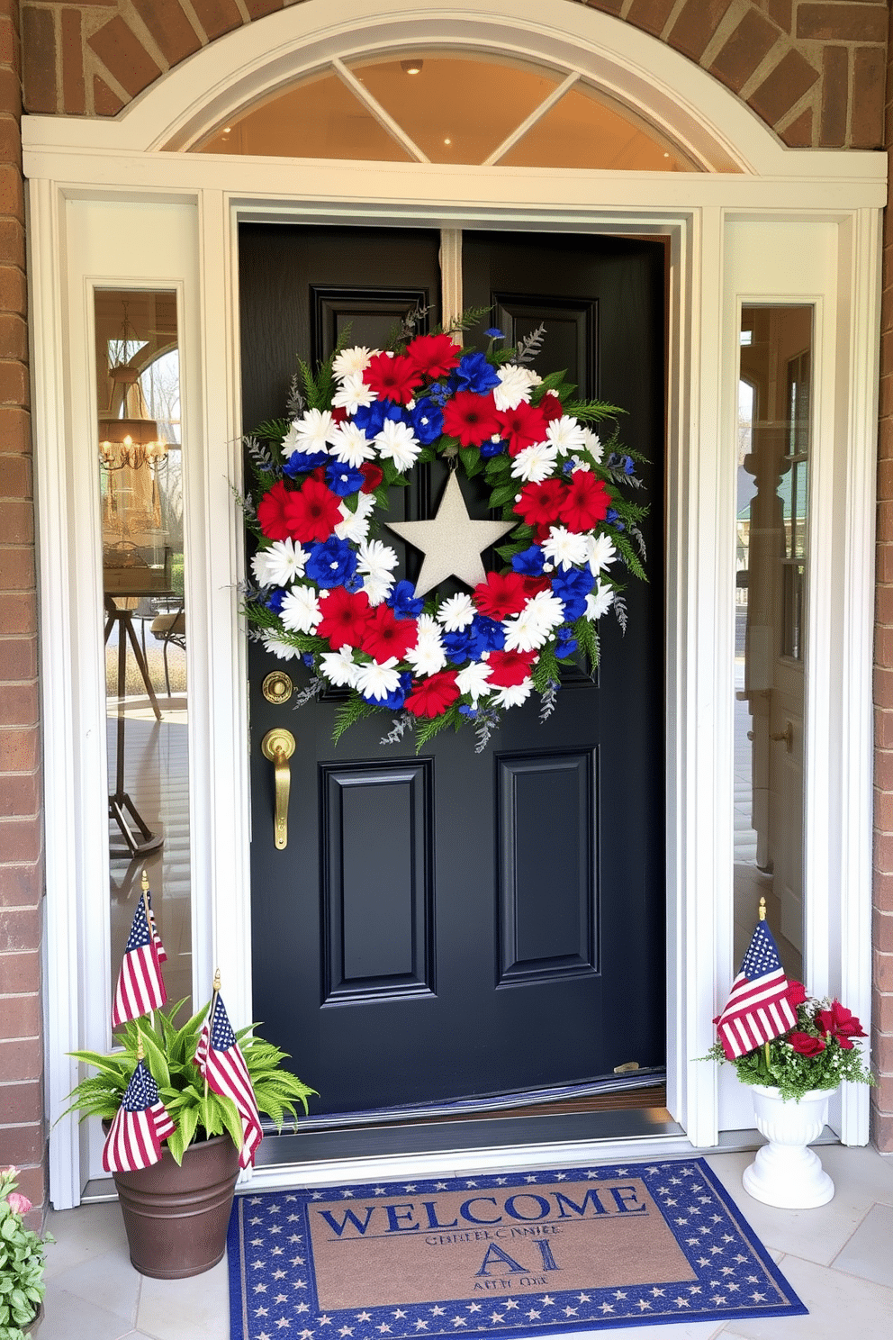 A patriotic wreath adorned with red white and blue flowers hangs on the front door creating a warm and inviting entrance. The entryway is decorated with small American flags and a festive welcome mat that enhances the Independence Day theme.