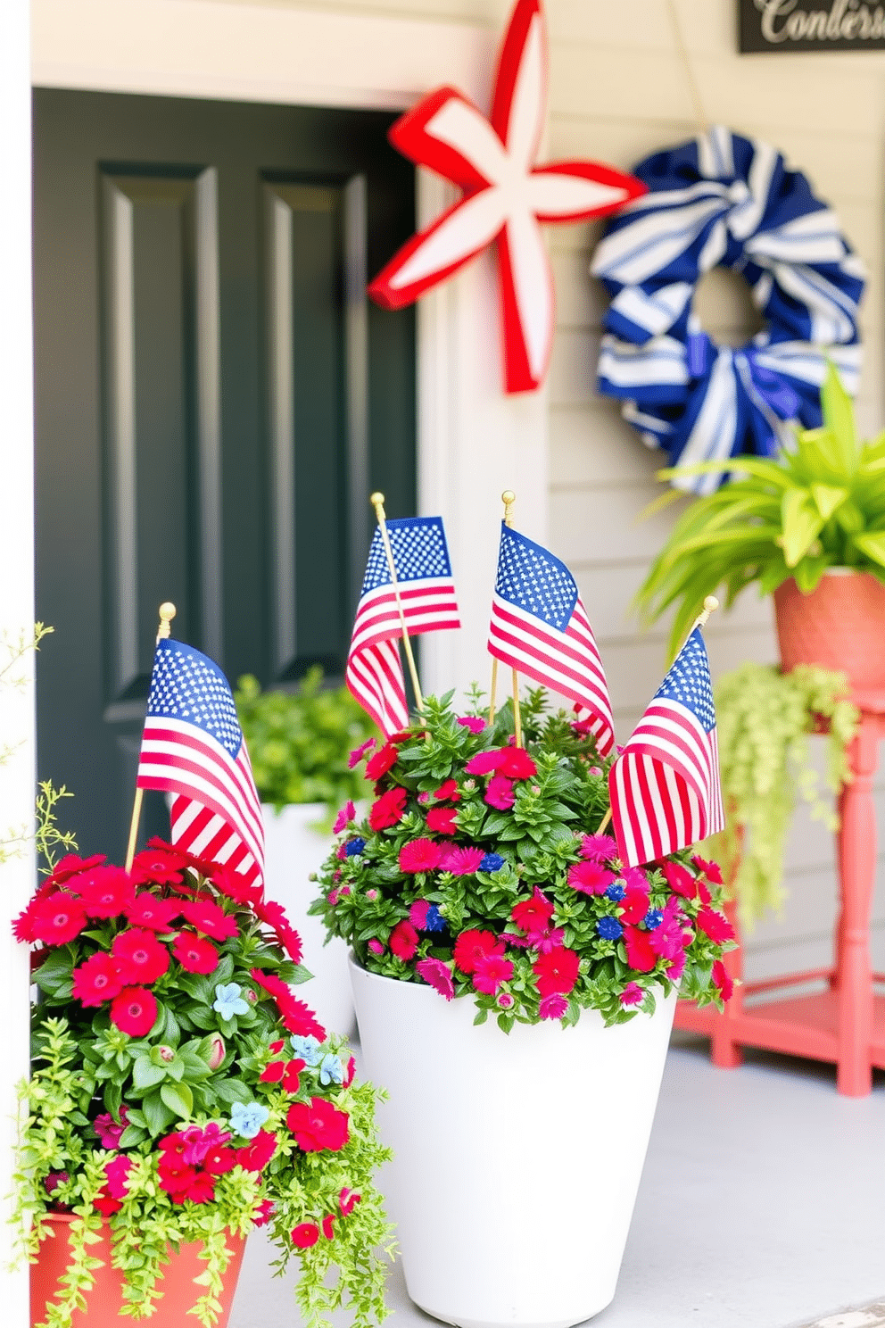 Create a festive entryway adorned with mini American flags placed in vibrant potted plants. The arrangement should evoke a cheerful and patriotic atmosphere, welcoming guests with a blend of greenery and red, white, and blue accents.