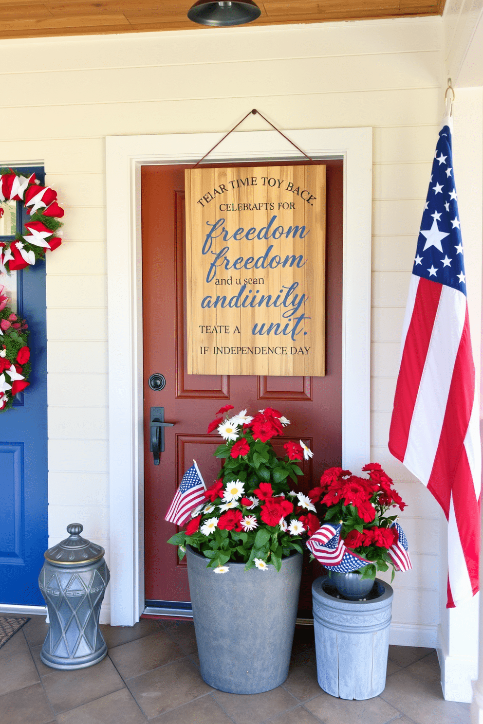 A rustic wooden sign hangs prominently in the entryway, featuring a patriotic quote that celebrates freedom and unity. The sign is adorned with subtle distressing, giving it a charming vintage appeal that complements the warm wooden tones of the surrounding decor. Flanking the sign, vibrant red, white, and blue decorations create a festive atmosphere for Independence Day. A welcoming arrangement of potted flowers in patriotic colors adds a touch of freshness to the entryway, inviting guests to celebrate the holiday spirit.