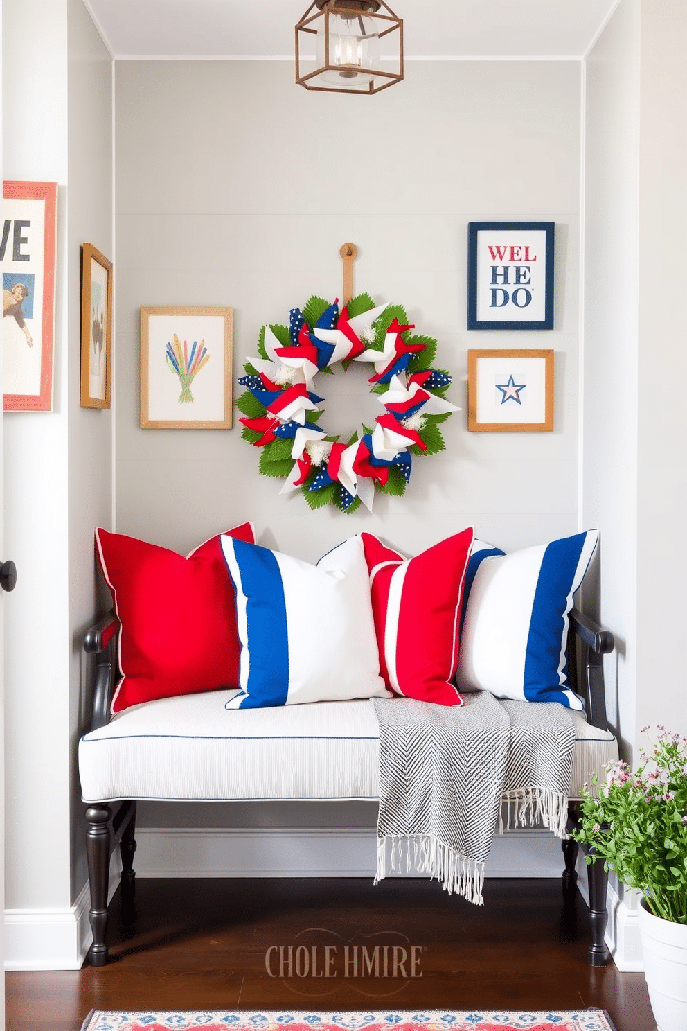 A vibrant entryway adorned with red white and blue throw pillows on a stylish bench. The walls are decorated with patriotic artwork and a welcoming wreath made of stars and stripes.