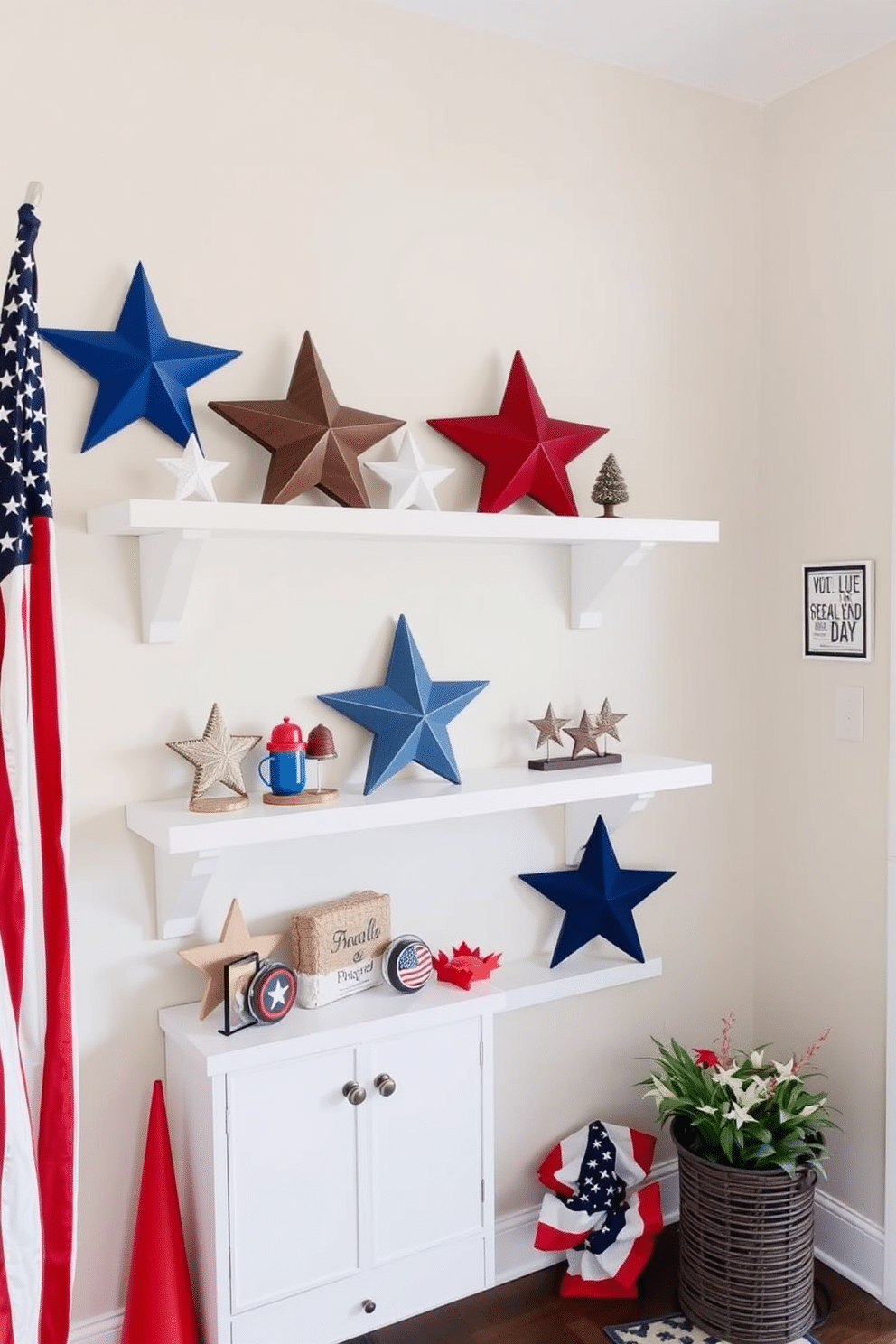 Star shaped decorative accents are placed on the shelves creating a festive and patriotic atmosphere. The entryway features a welcoming display of red white and blue elements to celebrate Independence Day.