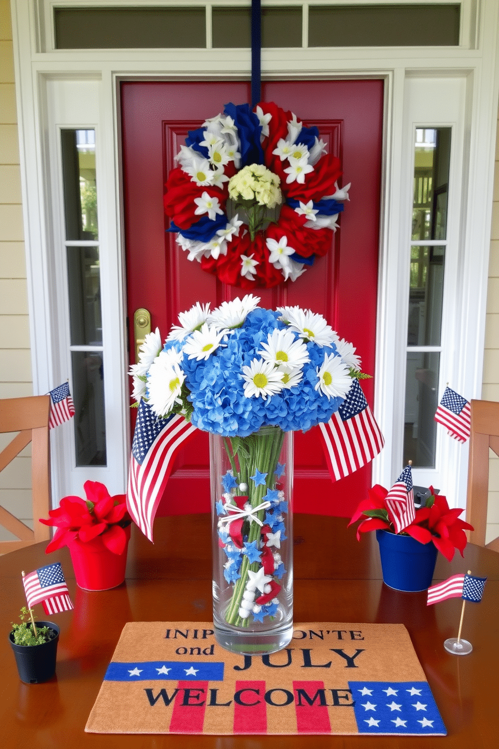 A festive Fourth of July themed table centerpiece featuring a vibrant red white and blue color scheme. The centerpiece includes a large glass vase filled with fresh white daisies and blue hydrangeas surrounded by small American flags and decorative stars. An inviting Independence Day entryway decorated with a red white and blue wreath hanging on the front door. Flanking the entryway are potted plants adorned with mini flags and a welcome mat featuring patriotic colors and designs.