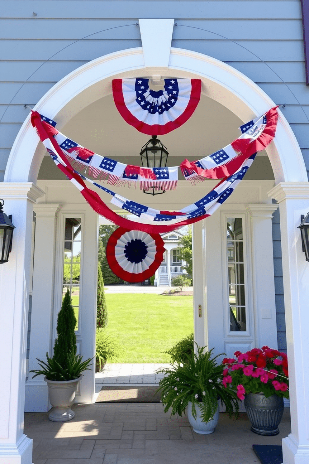 A festive entryway adorned with colorful bunting celebrating Independence Day. The bunting features red white and blue colors and is draped elegantly across the archway welcoming guests.