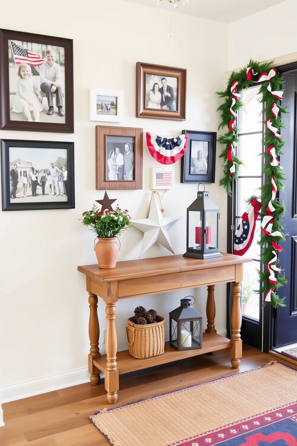 A welcoming entryway adorned with Americana themed photo frames showcasing family memories and patriotic symbols. The walls are painted in a soft cream color, complementing a rustic wooden console table that holds a small potted plant and a decorative star. Red, white, and blue accents are incorporated through a woven rug and a festive garland draped along the entryway. A vintage lantern sits on the table, adding warmth and charm to the overall decor, inviting guests to celebrate Independence Day.