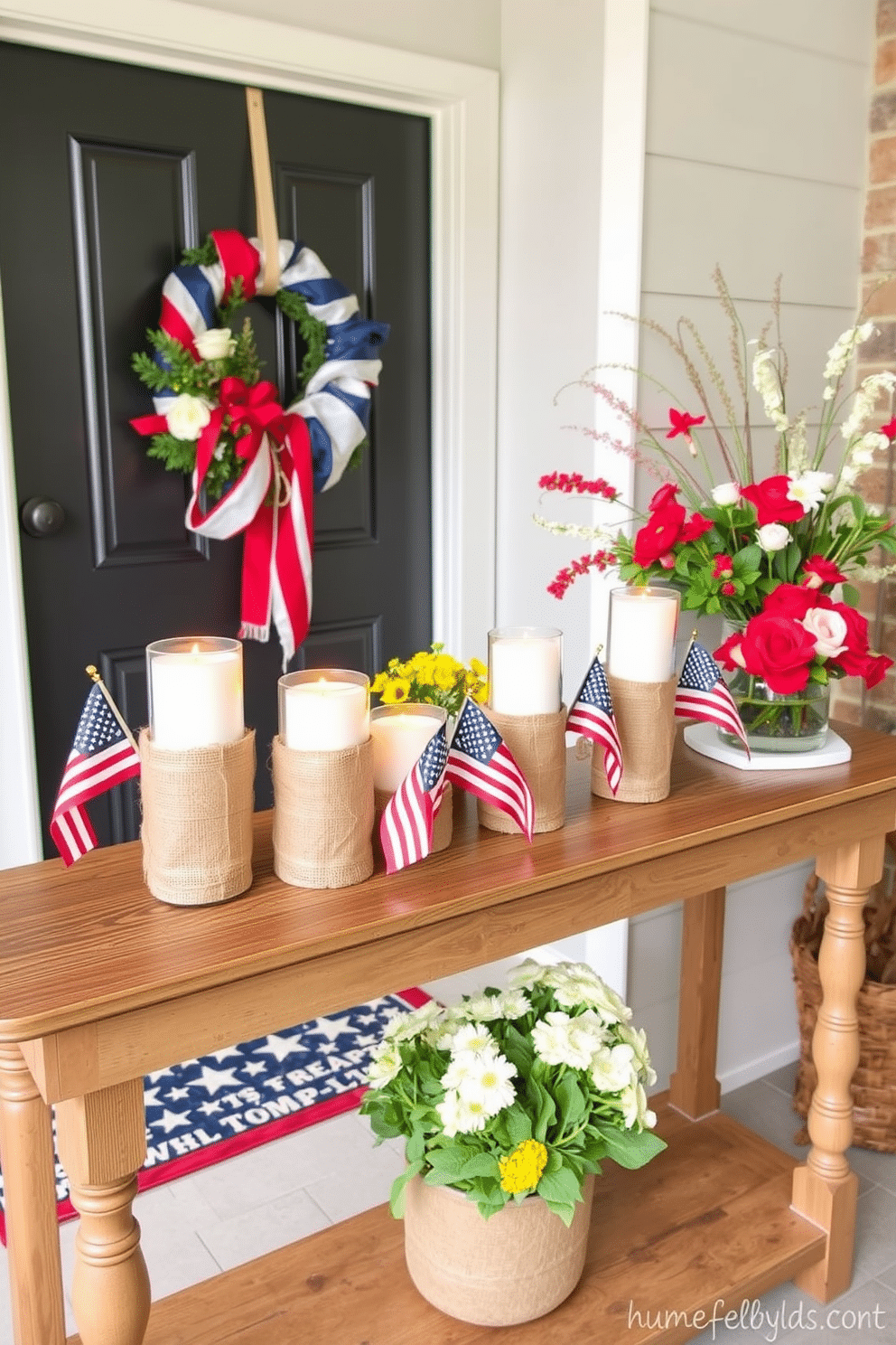 Candle holders wrapped in burlap ribbon create a rustic and warm ambiance in your entryway. Arrange them on a wooden console table alongside small American flags and seasonal flowers for a festive touch. Independence Day entryway decorating ideas include a vibrant red, white, and blue color scheme. Hang a patriotic wreath on the door and place a welcome mat featuring stars and stripes to greet your guests.