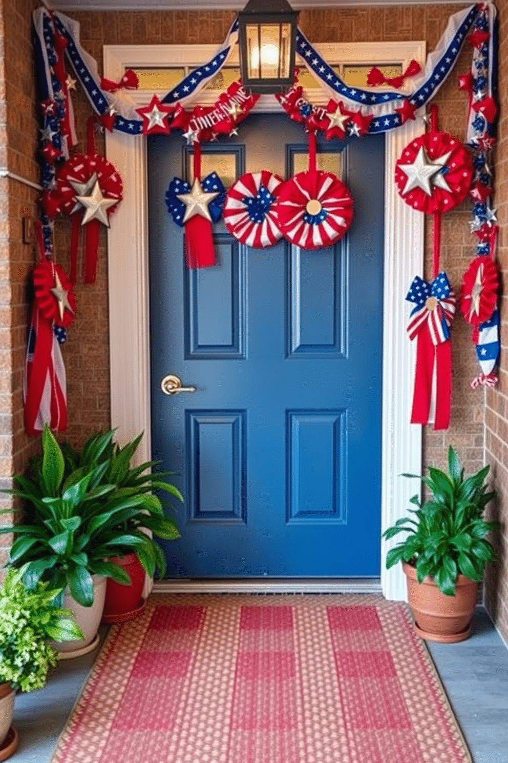 A festive entryway adorned with red blue and white door hangers celebrating Independence Day. The door hangers feature stars and stripes, creating a patriotic atmosphere that welcomes guests. On the floor, a woven rug in coordinating colors adds warmth and texture to the space. Potted plants flank the entryway, enhancing the vibrant holiday theme with fresh greenery.