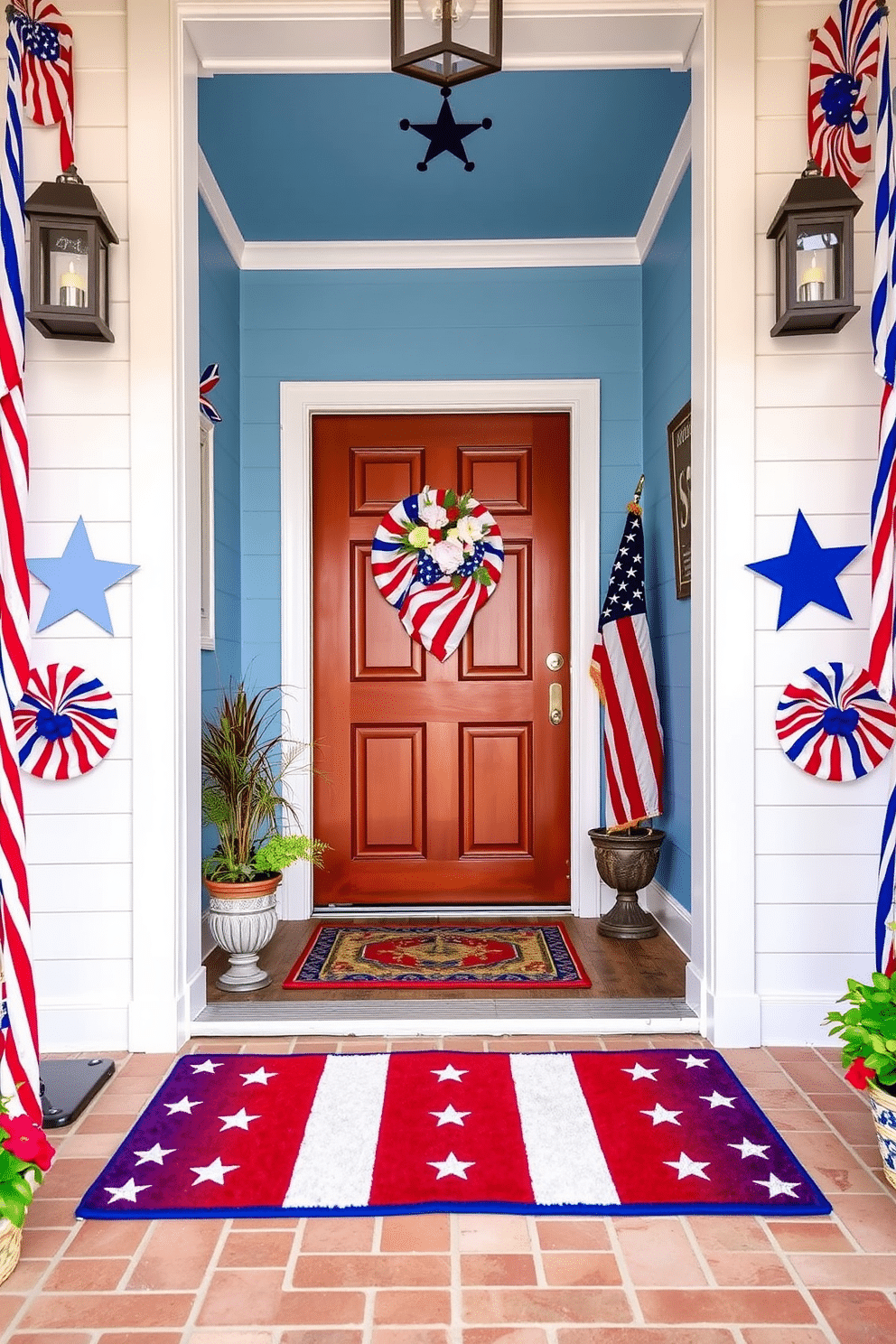 A vibrant entryway featuring a red white and blue welcome mat that greets guests with an inviting patriotic touch. The walls are adorned with festive decorations including stars and stripes, creating a cheerful atmosphere for Independence Day celebrations.