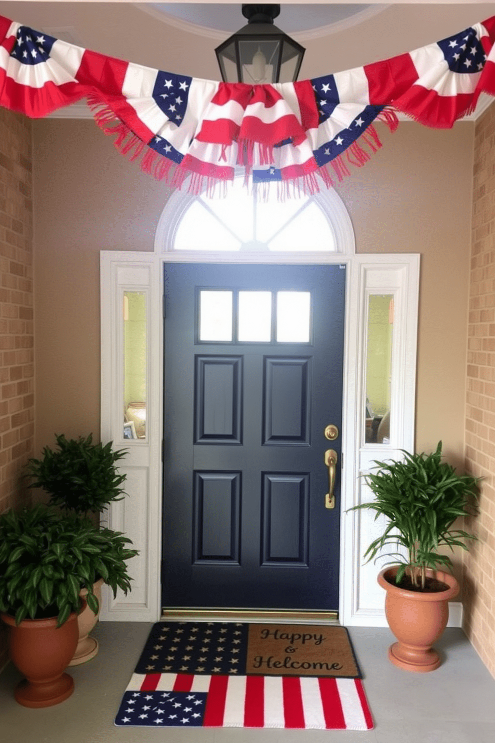 A vibrant seasonal banner hangs from the ceiling, adorned with red, white, and blue colors to celebrate Independence Day. The entryway features a large welcome mat with stars and stripes, complemented by potted plants on either side of the door.