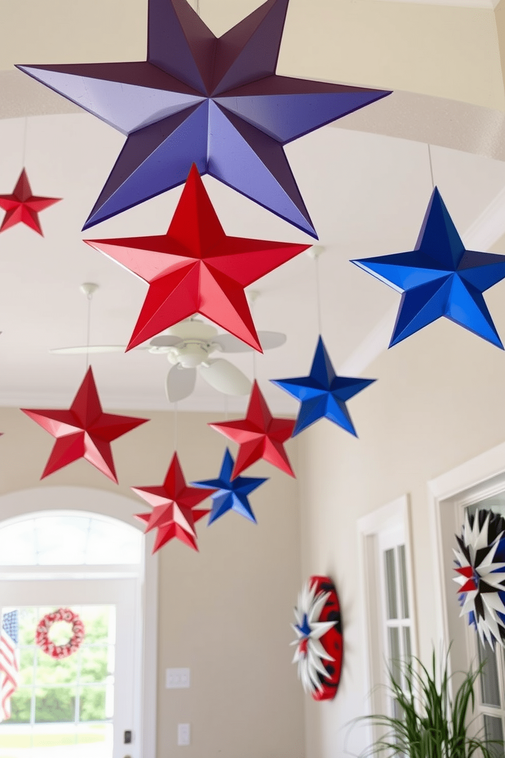 A festive entryway adorned with decorative stars hanging from the ceiling creates a vibrant atmosphere. The stars are in red white and blue colors reflecting the spirit of Independence Day.