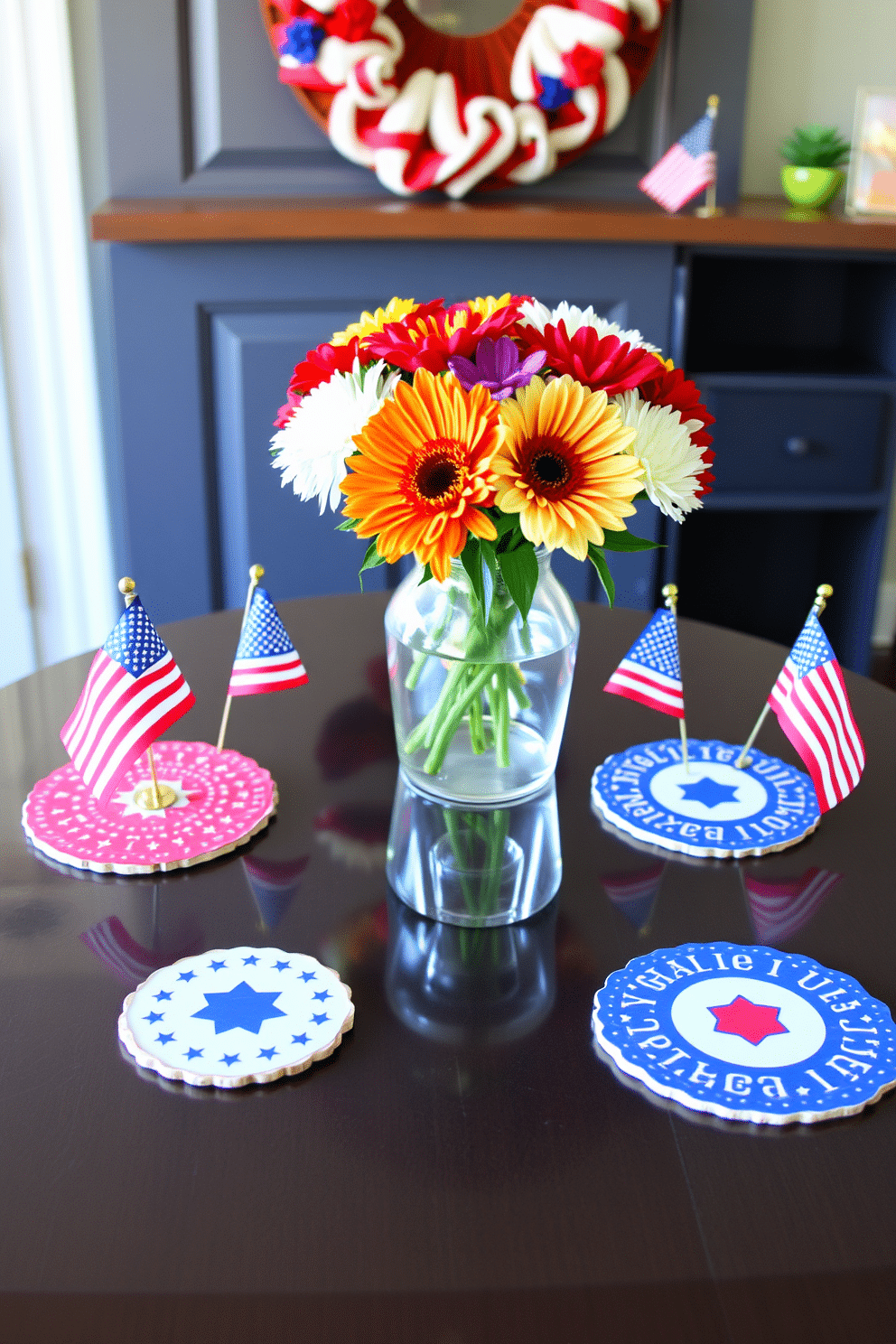 A patriotic themed entry table is adorned with coasters featuring red white and blue designs. The table is decorated with small flags and a centerpiece of fresh flowers in vibrant colors to celebrate Independence Day.