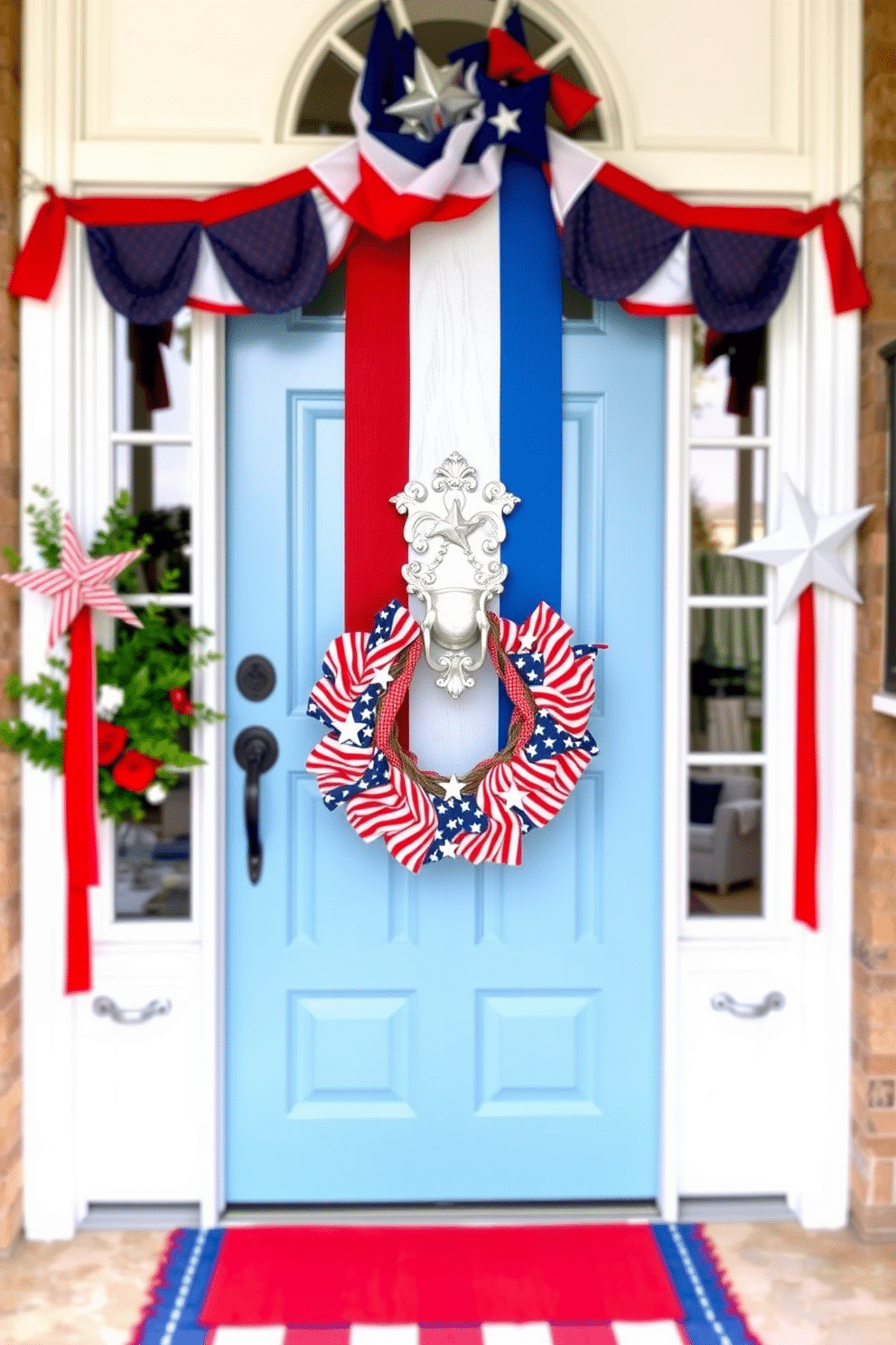 A vibrant entryway featuring a red white and blue door knocker that captures the spirit of Independence Day. The door is painted a crisp white with festive decorations adorning the surrounding area, including red and blue bunting and a wreath made of stars and stripes.