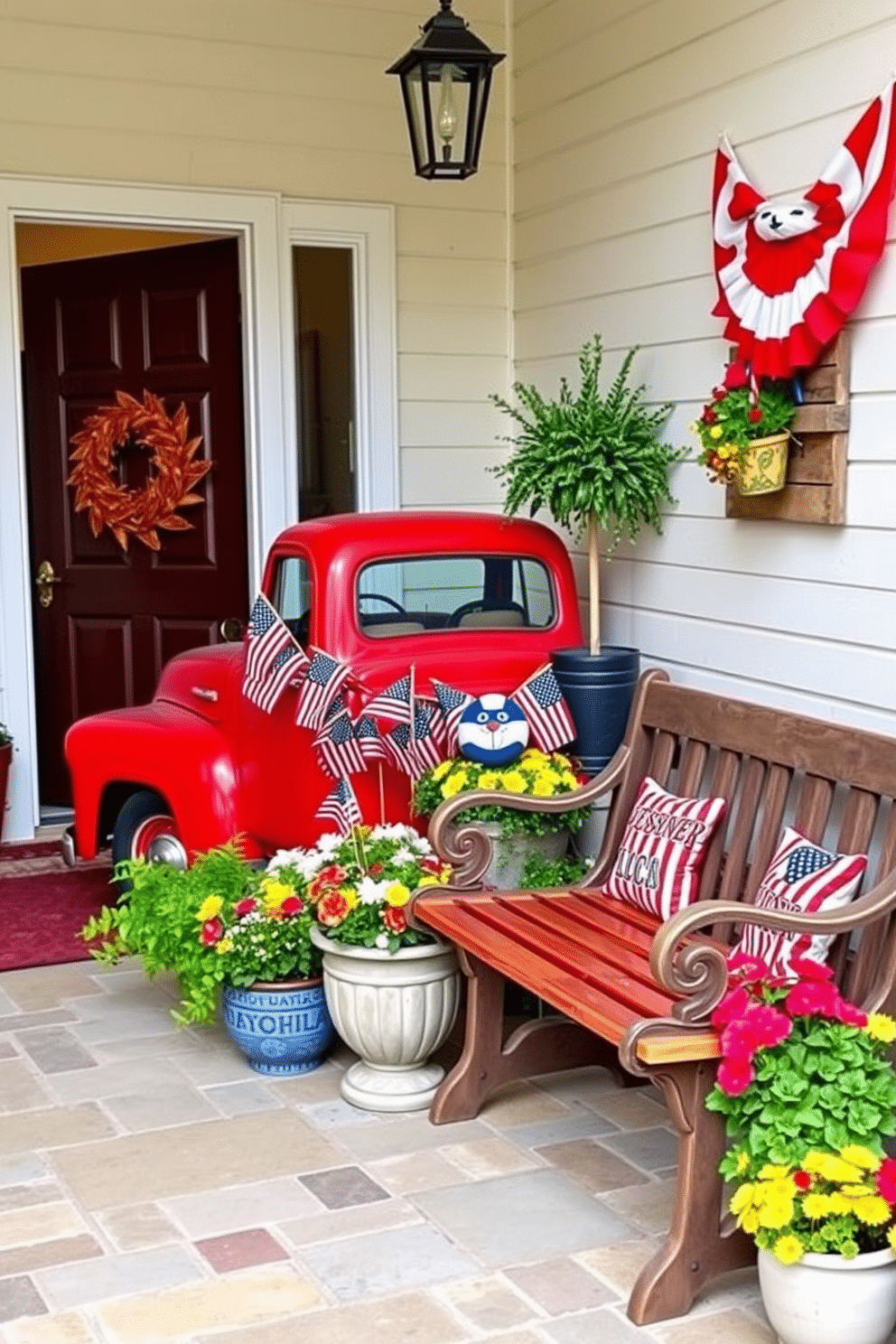 A charming entryway featuring a vintage red truck as the focal point. The truck is adorned with small American flags, creating a festive atmosphere for Independence Day celebrations. Surrounding the truck, there are potted plants and colorful flowers that enhance the welcoming vibe. A rustic wooden bench sits nearby, providing a cozy spot for guests to enjoy the decor.