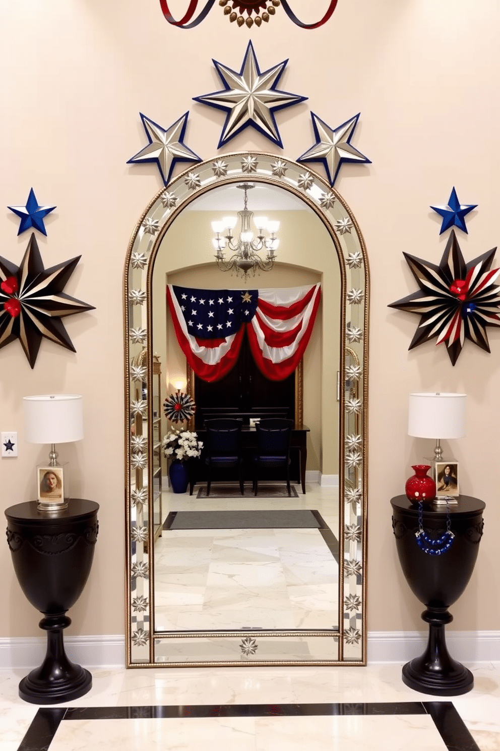 A stunning entryway setting featuring a large mirror framed with intricate star designs. The walls are adorned with patriotic decorations celebrating Independence Day, including red white and blue accents.