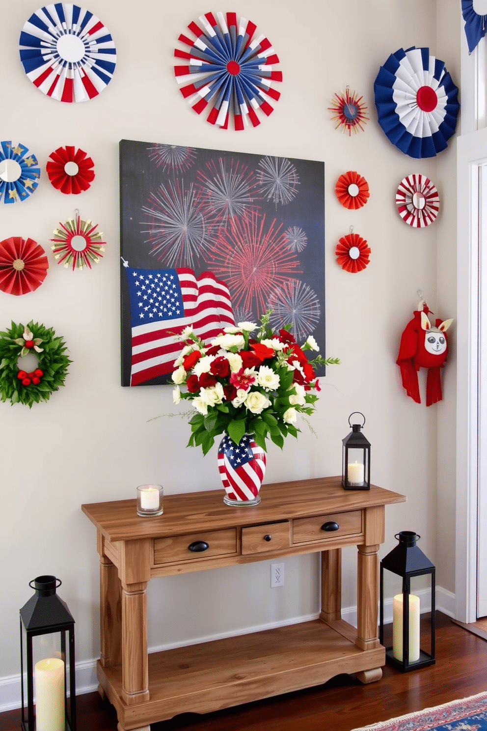 A vibrant entryway adorned with seasonal artwork celebrating Independence Day. Red white and blue decorations hang on the walls with a large canvas featuring fireworks prominently displayed. A rustic wooden console table stands against the wall topped with a bouquet of fresh flowers in a patriotic vase. Flanking the table are small lanterns with flickering candles adding a warm glow to the space.