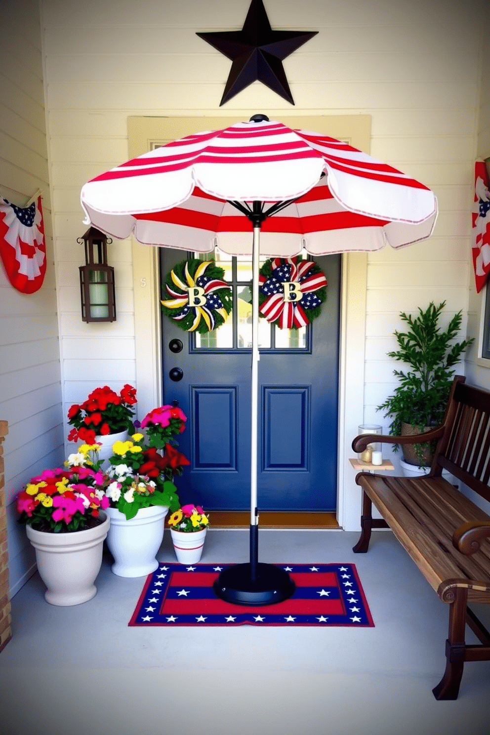 A festive entryway adorned with a red white and blue striped umbrella stands prominently at the entrance. Surrounding the umbrella are potted plants with vibrant flowers and a welcome mat featuring patriotic colors. The walls are decorated with red and white bunting, and a wooden bench is placed nearby for seating. A large star decoration hangs above the door, completing the Independence Day theme.