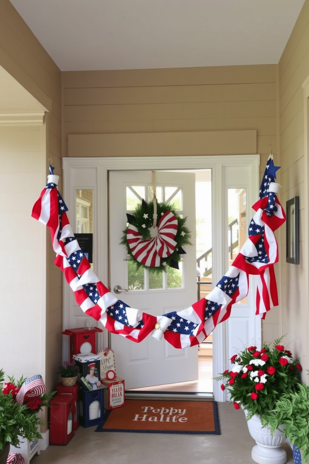 A festive entryway adorned with a stars and stripes garland hanging gracefully above the door. The space is filled with red, white, and blue decorations, creating a cheerful atmosphere for Independence Day celebrations.