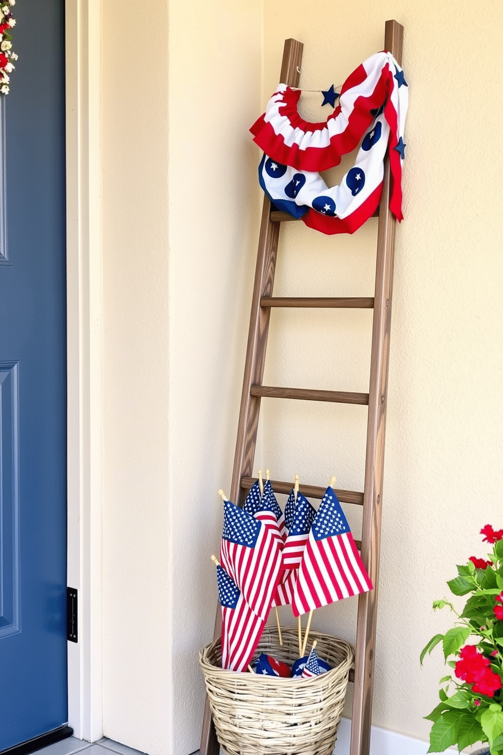 A decorative ladder is leaning against the wall adorned with red white and blue bunting and stars for a festive look. Small American flags are placed in a basket at the base of the ladder creating a welcoming entryway for Independence Day celebrations.