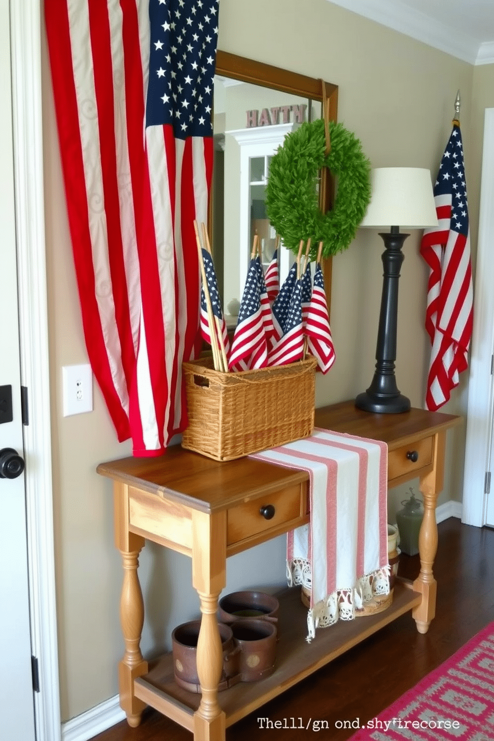 A charming entryway adorned with vintage flags displayed in a decorative wicker basket. The space features a rustic wooden console table topped with a festive red and white runner, creating a warm and inviting atmosphere for Independence Day celebrations.