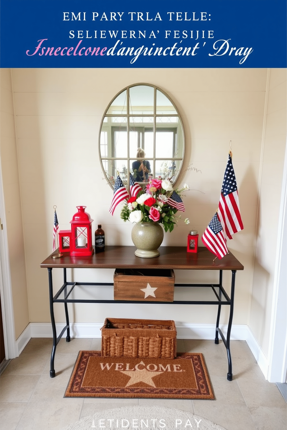 Create a warm and inviting entryway that celebrates Independence Day. The entryway table is adorned with patriotic lanterns in red, white, and blue, surrounded by small American flags and seasonal flowers in a rustic vase. The walls are painted a soft cream color, enhancing the festive decor. A welcoming doormat with a star pattern lies beneath the table, completing the patriotic theme.