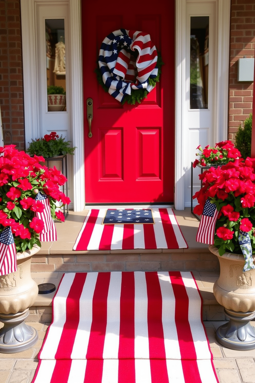 A festive entryway adorned with a red and white striped runner leading to the front door. Flanking the runner are potted plants with vibrant red flowers, creating a welcoming atmosphere for Independence Day celebrations.