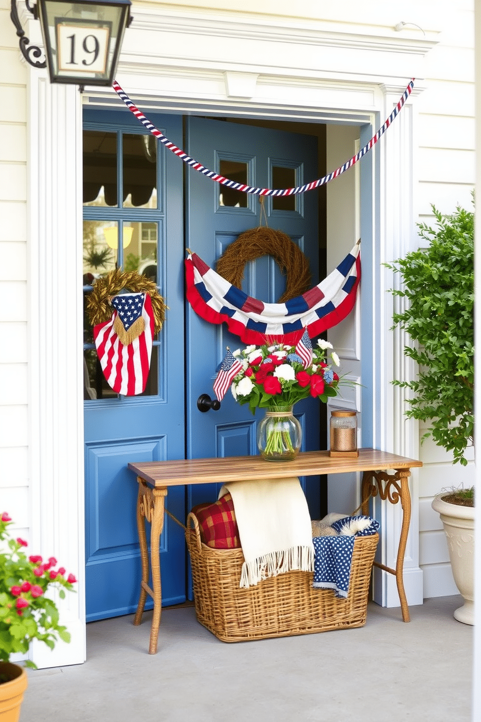 A charming entryway features a blue door with elegant white trim accents, creating a welcoming focal point. The space is adorned with festive Independence Day decorations, including red, white, and blue bunting draped elegantly around the door frame. Inside, a rustic console table is placed against the wall, topped with a bouquet of fresh flowers in patriotic colors. A woven basket sits beneath the table, filled with cozy blankets perfect for summer gatherings.