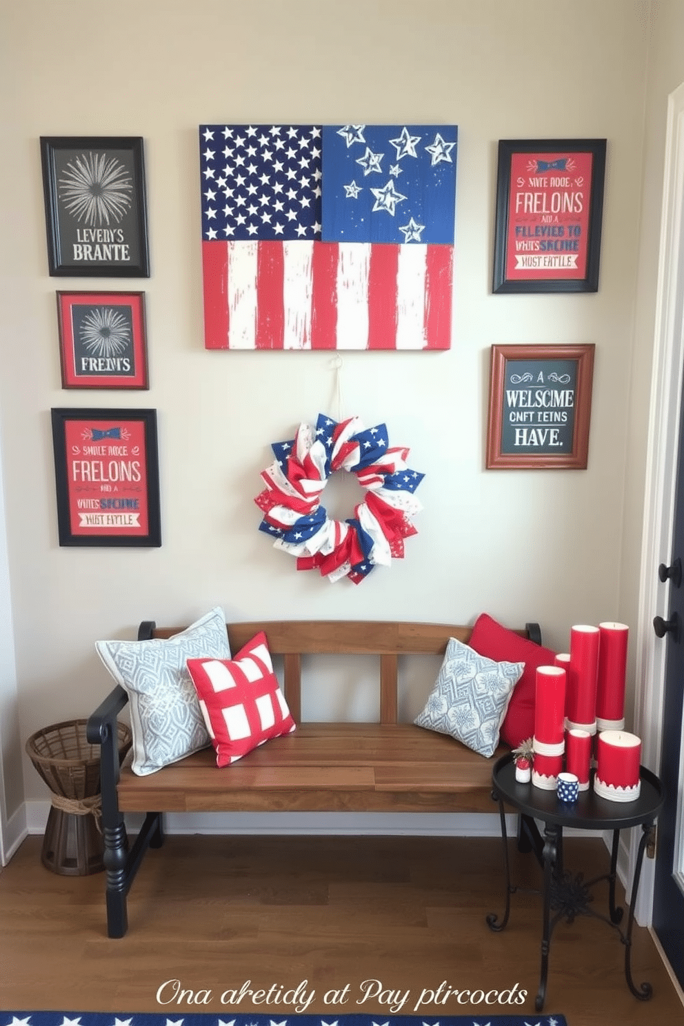 A vibrant Independence Day themed wall art display featuring a large canvas with a bold American flag design. Surrounding the canvas are smaller framed prints of fireworks and patriotic quotes in red white and blue colors. An inviting entryway decorated for Independence Day with a rustic wooden bench adorned with red white and blue throw pillows. A festive wreath made of stars and stripes hangs on the door while a small table displays a collection of candles in patriotic colors.