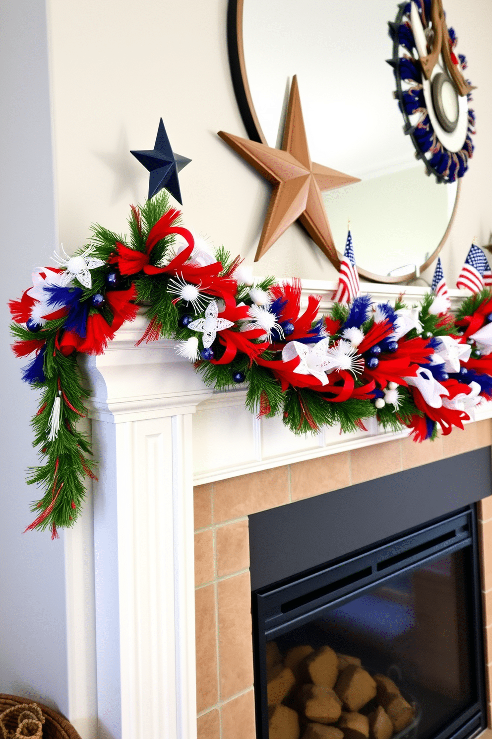 A festive fireplace adorned with a patriotic garland in vibrant red, white, and blue. The garland drapes elegantly across the mantel, complemented by small decorative stars and American flags.