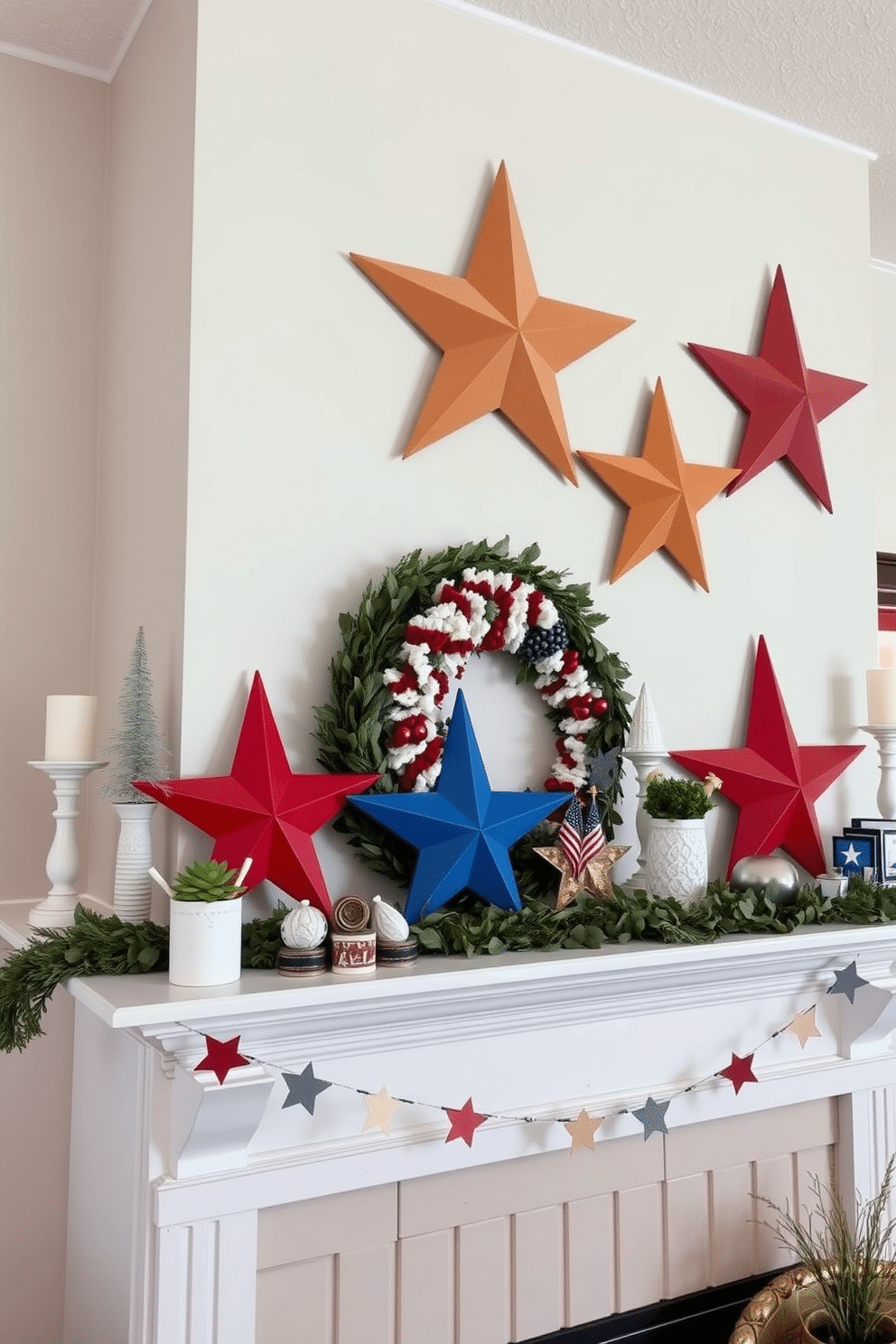 A festive fireplace setting adorned with decorative wooden stars in red white and blue hues. The mantel is beautifully styled with a mix of patriotic accents and seasonal decor creating a warm and inviting atmosphere.