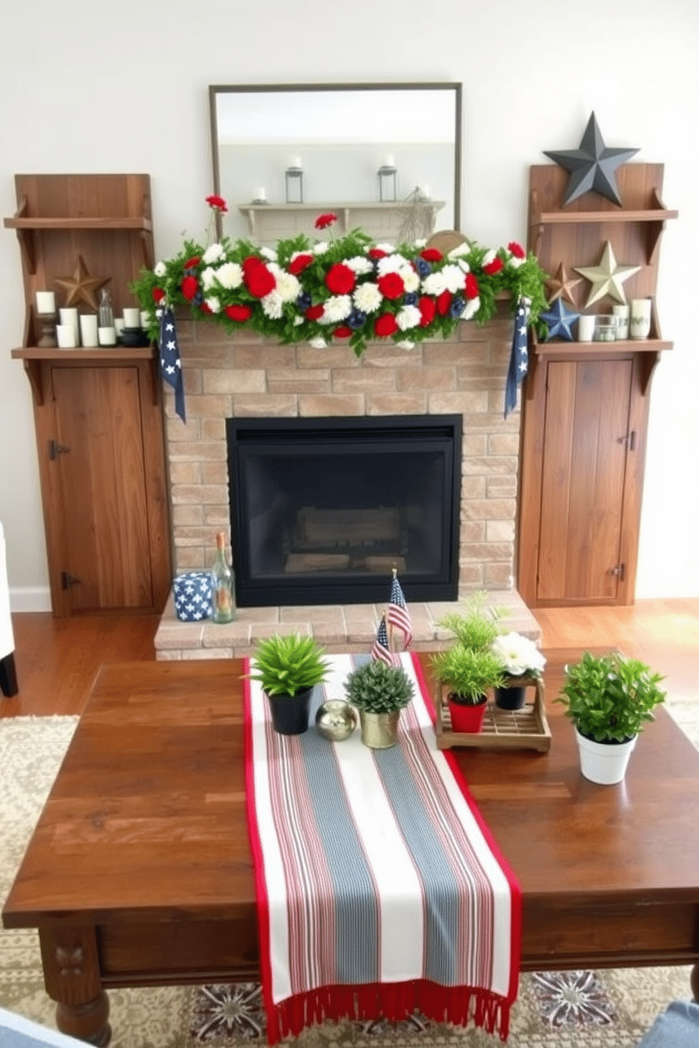 A festive living room setting featuring a red white and blue striped runner laid across a wooden coffee table. The table is adorned with small potted plants and patriotic-themed decor items, creating a cheerful ambiance for Independence Day celebrations. Above the coffee table, a cozy fireplace is decorated with a garland of red white and blue flowers. Flanking the fireplace, two rustic wooden shelves display an array of candles and stars, enhancing the holiday spirit in the room.