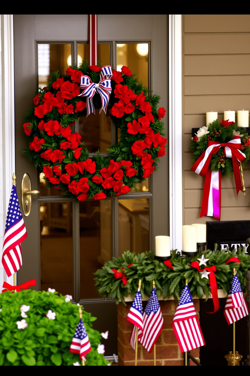 A festive wreath adorned with vibrant red flowers is hung prominently on the front door, welcoming guests with a burst of color. Surrounding the entrance, small American flags are placed in the flower beds, enhancing the patriotic theme. Inside, a cozy fireplace is decorated with a garland of greenery intertwined with red, white, and blue ribbons. On the mantel, candles in festive colors and small decorative stars create a warm and inviting atmosphere for Independence Day celebrations.