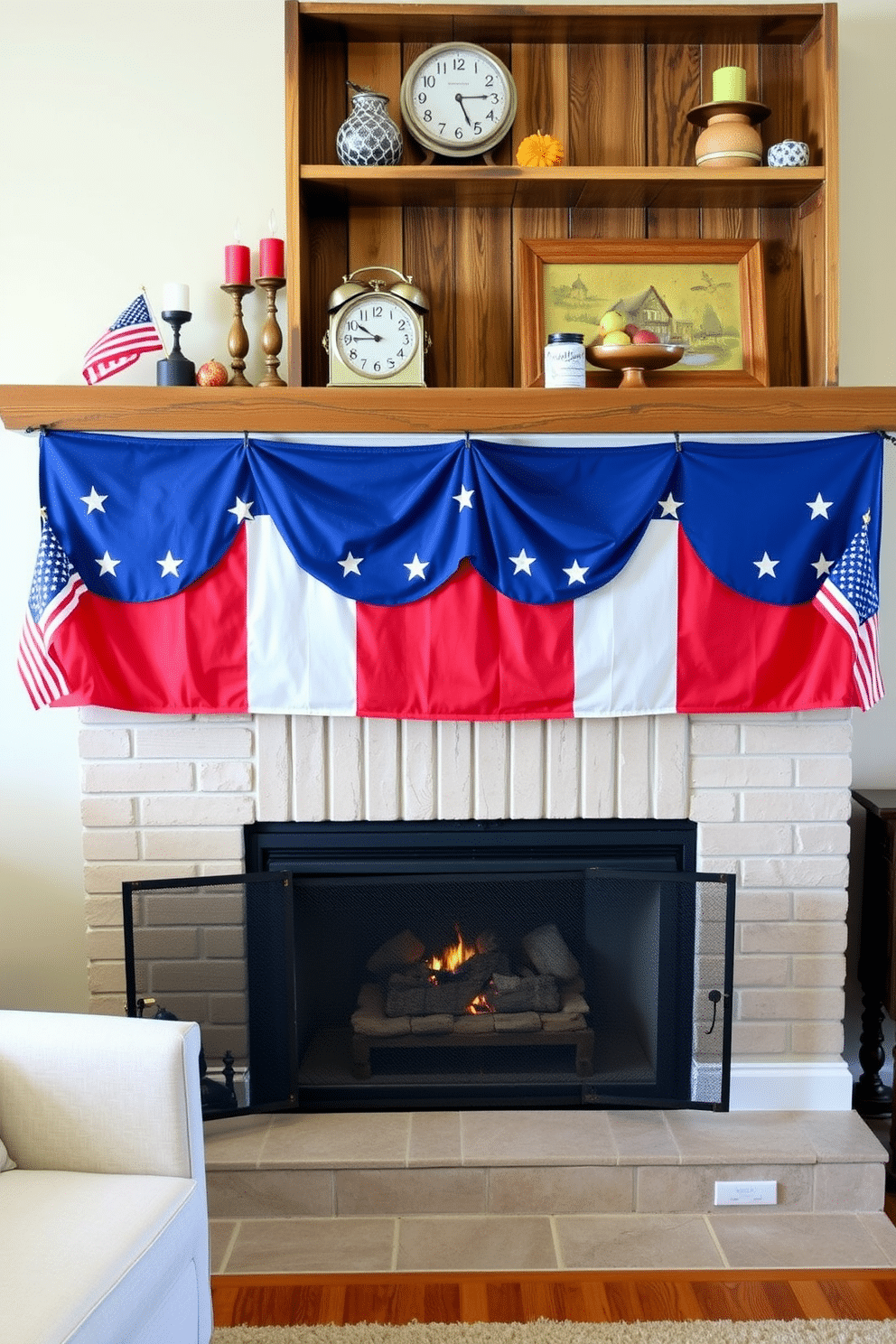 A cozy living room setting featuring a fireplace adorned with a patriotic screen. The screen showcases red white and blue colors with stars and stripes motifs creating a festive atmosphere for Independence Day celebrations. On the mantel above the fireplace there are decorative elements like small American flags and candles in red and white hues. A rustic wooden shelf holds a collection of seasonal decor including a vintage clock and a bowl of fresh fruit.