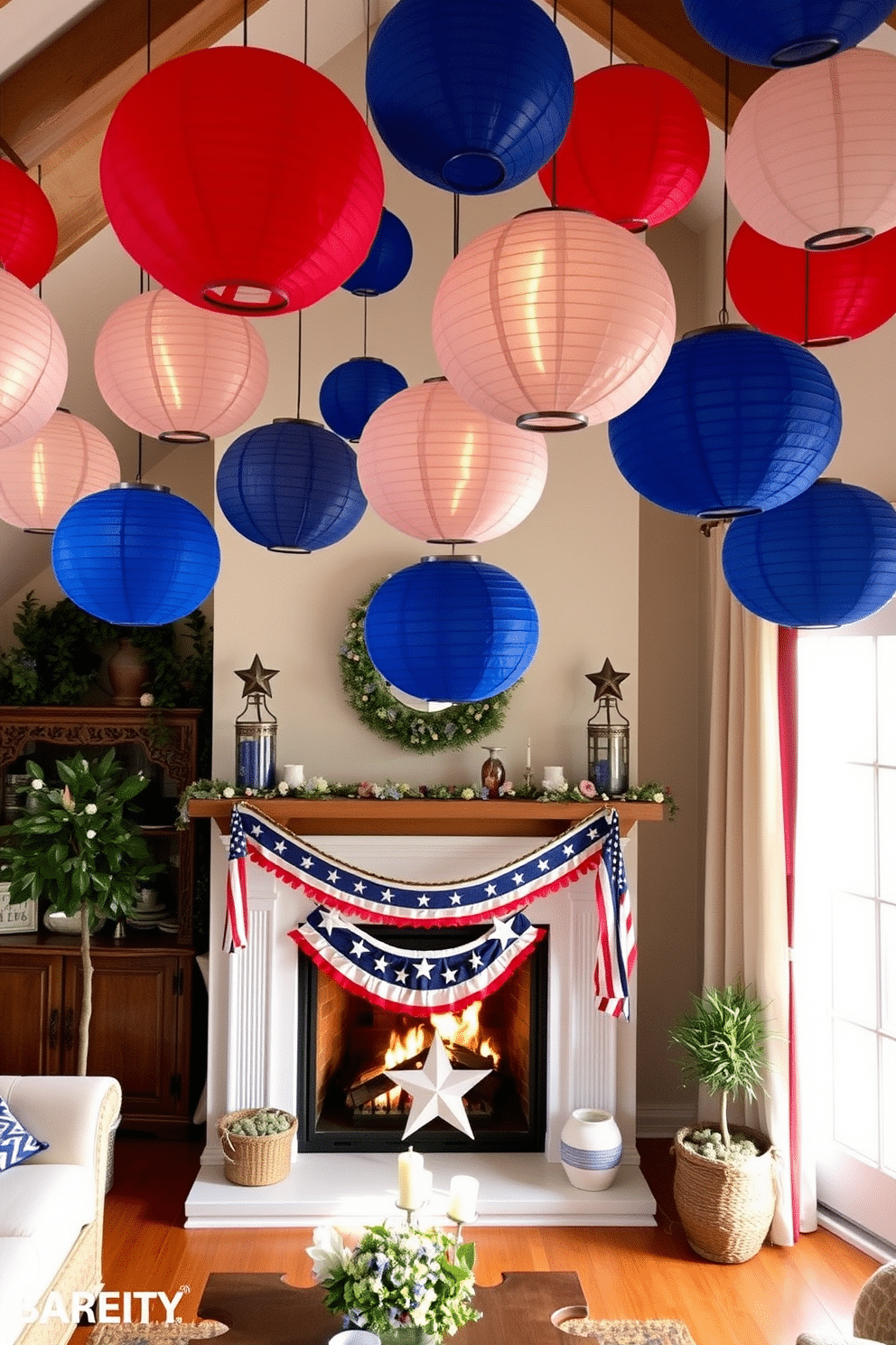 A cozy living room adorned with hanging paper lanterns in red, white, and blue to celebrate Independence Day. The lanterns are suspended from the ceiling, casting a warm glow over the space, while a beautifully decorated fireplace features patriotic accents like a garland of stars and stripes.