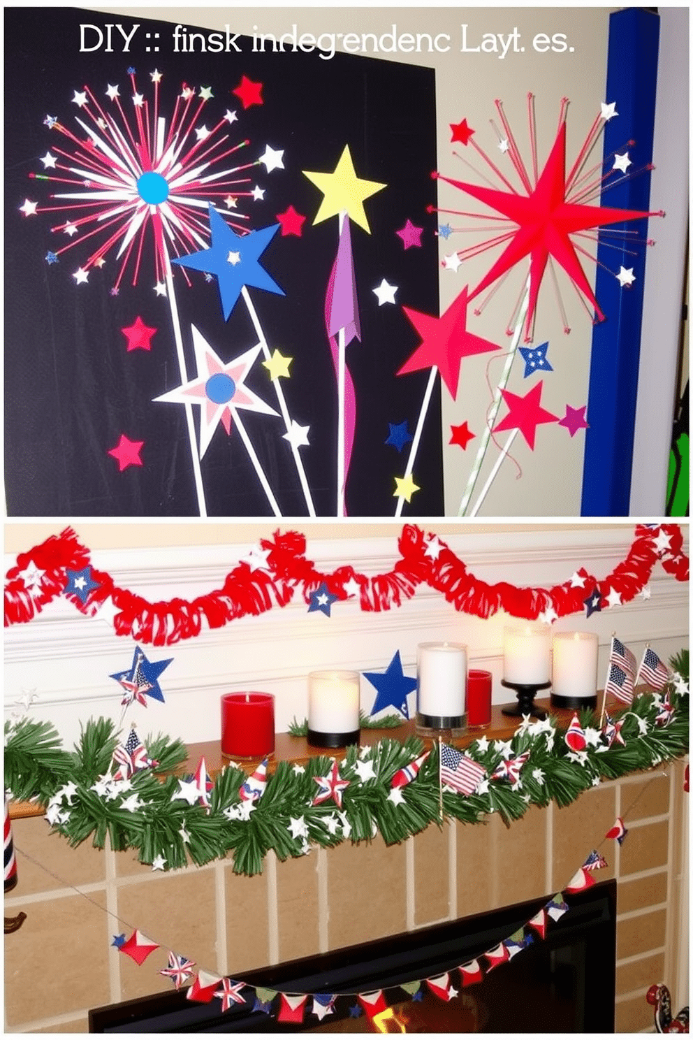 A vibrant DIY fireworks display made from colorful paper crafts. The arrangement includes various sizes of paper rockets and stars, all set against a festive backdrop to celebrate Independence Day. A cozy fireplace adorned with seasonal decorations. The mantle is draped with garlands, and an assortment of patriotic-themed candles and small flags are carefully placed to enhance the festive atmosphere.