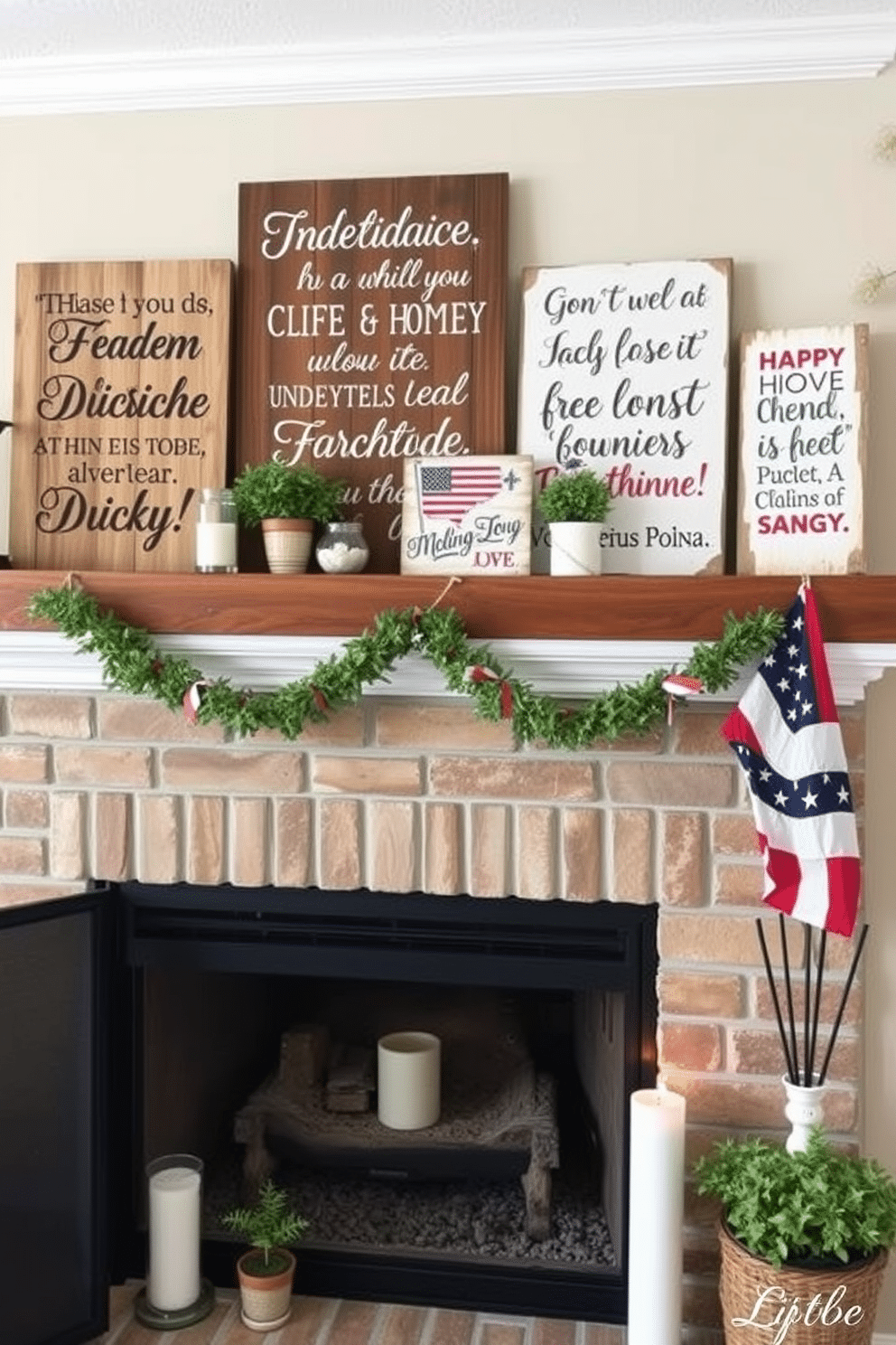 Rustic wooden signs adorned with patriotic quotes celebrate the spirit of Independence Day. These charming decorations can be arranged above a cozy fireplace, creating a warm and inviting atmosphere for holiday gatherings. Incorporate a mix of red, white, and blue accents to enhance the festive feel. Surround the fireplace with small potted plants and candles to add a touch of natural beauty to the rustic decor.