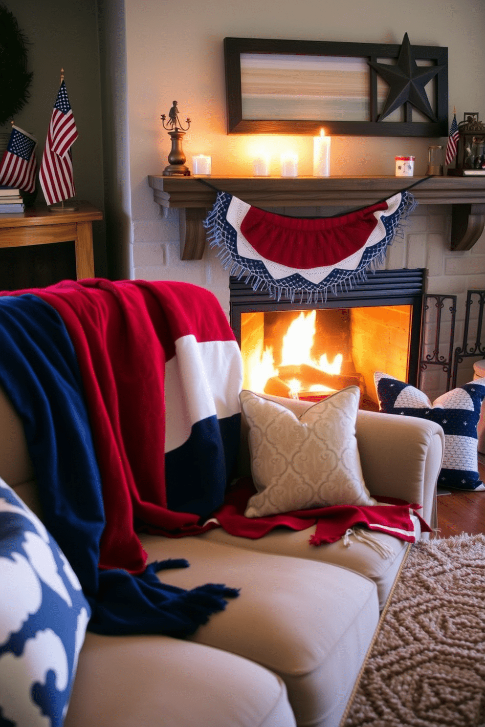 A cozy living room setting featuring a fireplace adorned with red white and blue throw blankets for Independence Day. The blankets are draped elegantly over a plush sofa, with decorative pillows in complementary colors adding to the festive atmosphere. Next to the fireplace, a rustic wooden mantel showcases patriotic decor such as small flags and candle holders. The warm glow of the fire creates an inviting ambiance, perfect for celebrating the holiday with family and friends.