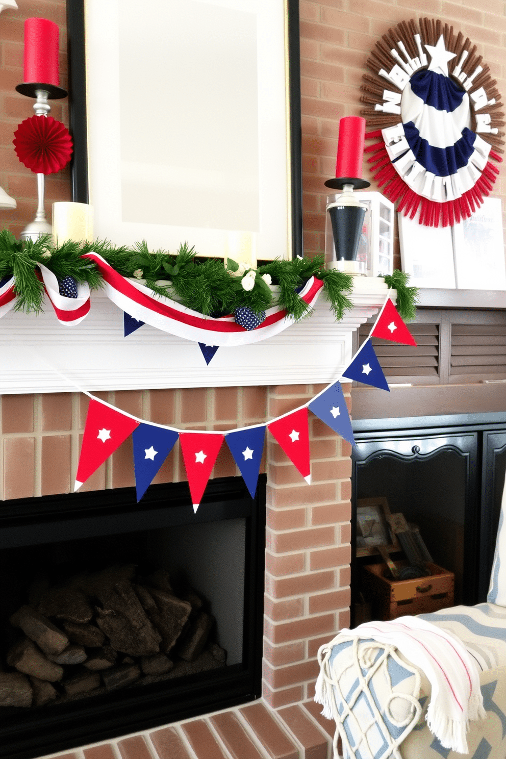 A festive fireplace setting adorned with bunting draped along the mantel. The bunting features red white and blue colors celebrating Independence Day, creating a cheerful atmosphere.